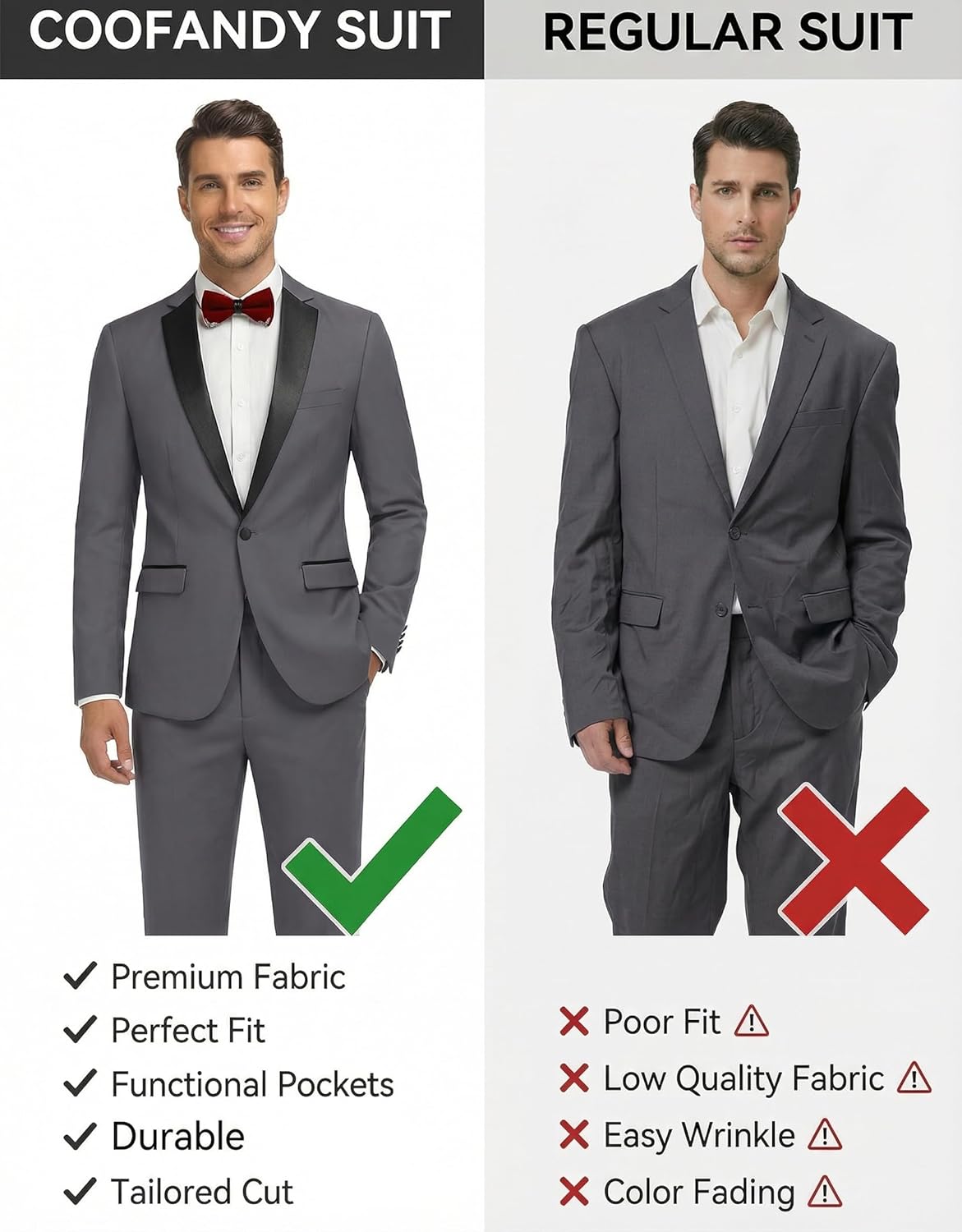 COOFANDY Mens Tuxedo Suit Set Slim Fit 2 Piece One Button Christmas Blazer Jacket Pants for Wedding,Dinner,Prom - Image 3