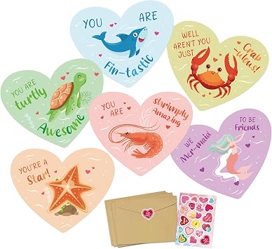 24 Pack Ocean Critters Valentines Cards, Underwater Themed