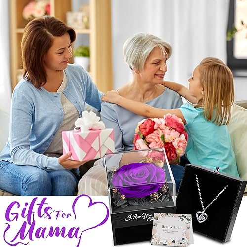 Miniatura 5 de Regalos para cumpleaños de mamá, rosa púrpura real preservada con collar, rosas eternas para siempre, regalos para mujeres, novia, mamá, abuela,