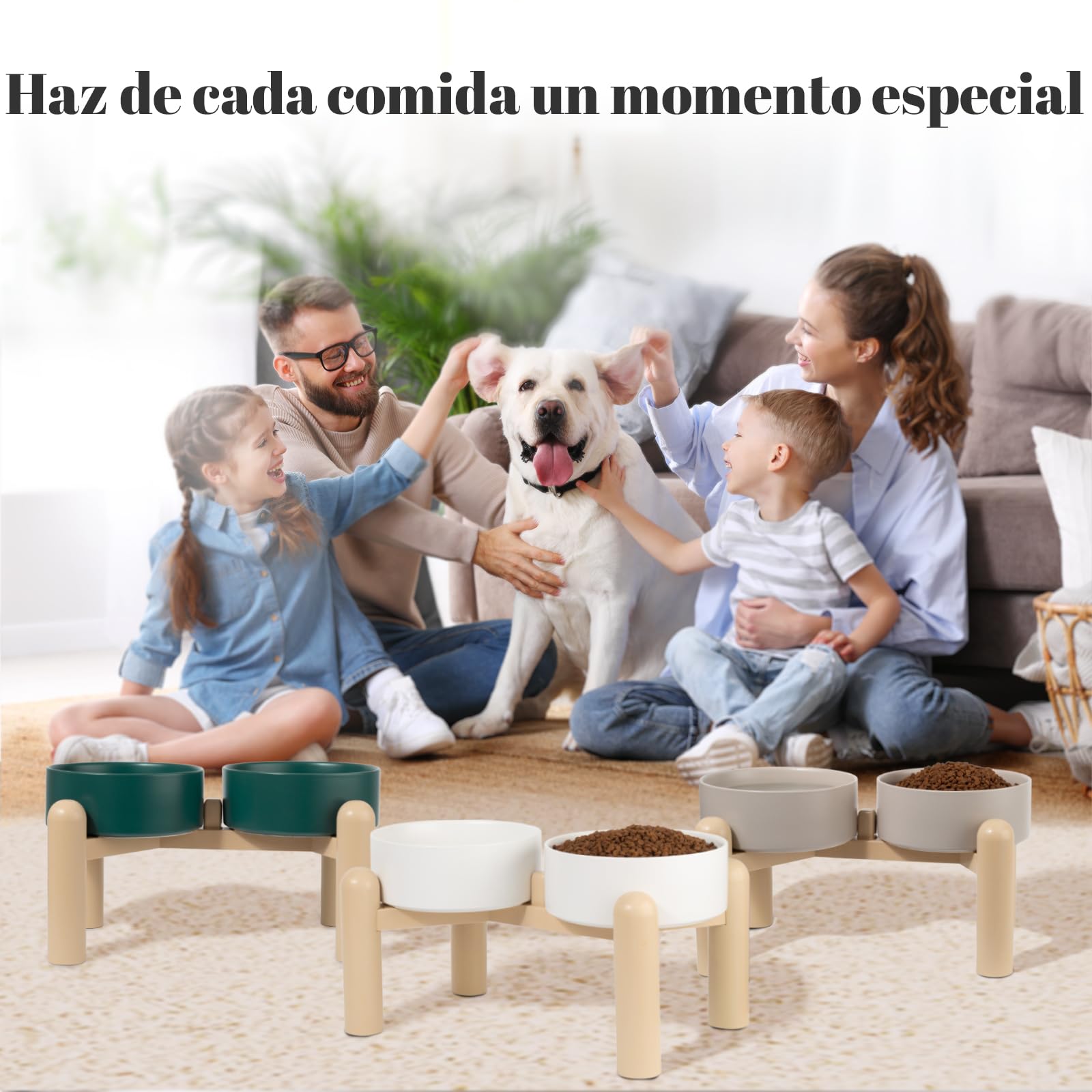 Comedero Elevado para Perro de Cerámica - Cuencos Doble con Soporte Antideslizante - para Agua y Comida - Apto para Perros Medianos y Grandes - 2 x 2000 ml - Verde