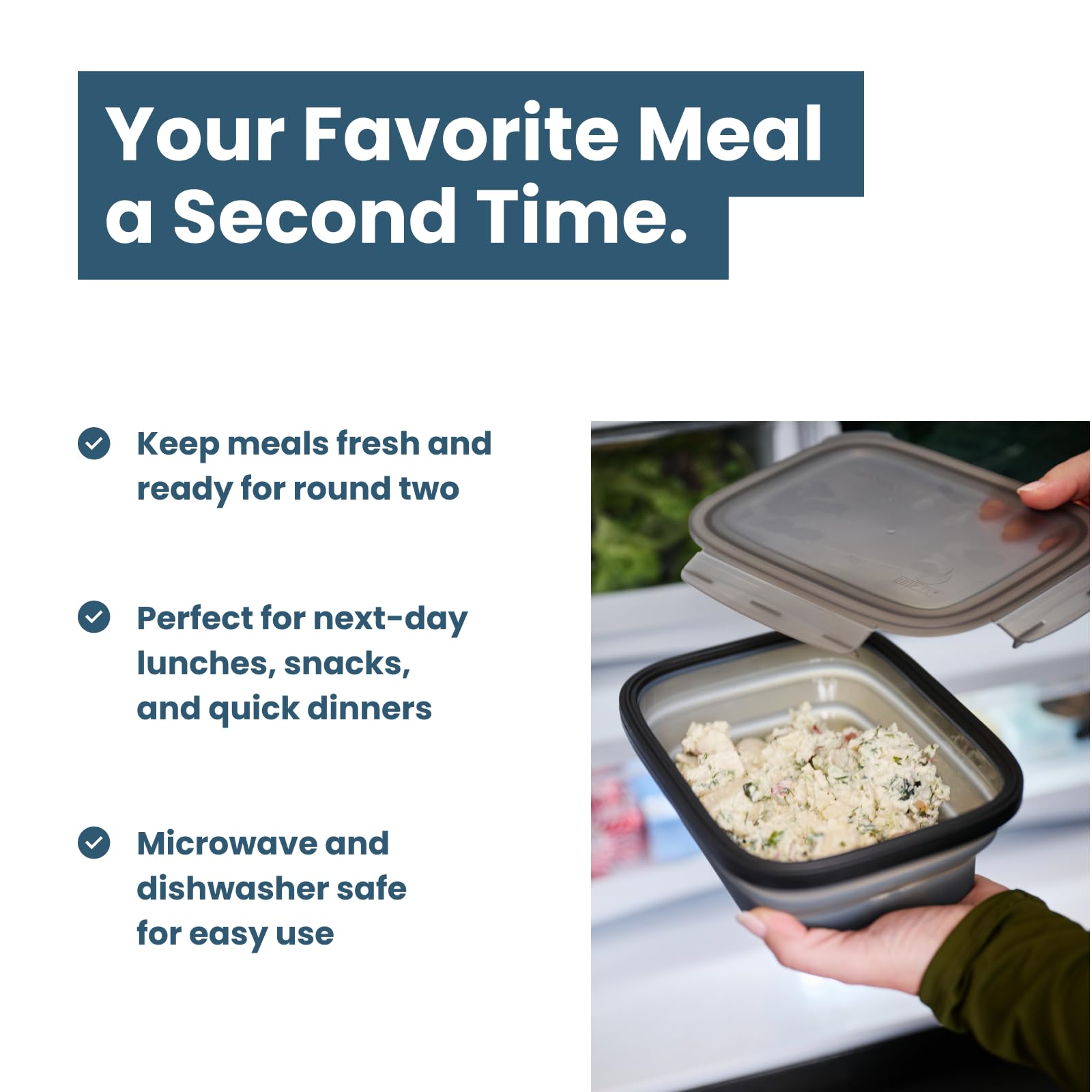 Drip EZ Secondz - Contenedores plegables para almacenamiento de alimentos (juego de 3) – Preparación de comidas, sobras, almuerzo, camping, senderismo – Apto para lavavajillas y microondas – Silicona