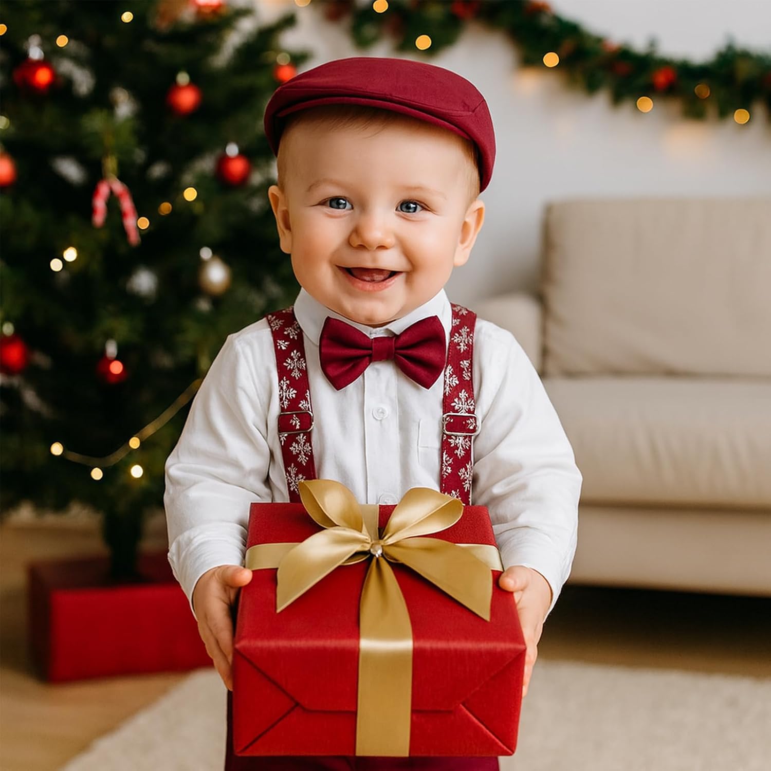 Baby Boys Suits Infant Gentleman Outfit 4-Piece Boy Suit Set White Bodysuit+Suspender Pant+Bow Tie+Cap
