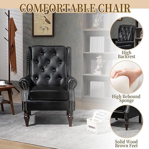 Miniatura 5 de Mid-Century - Juego de 2 sillas de respaldo alto de piel sintética con botones, sillas modernas para sala de estar con decoración de remaches, sofá