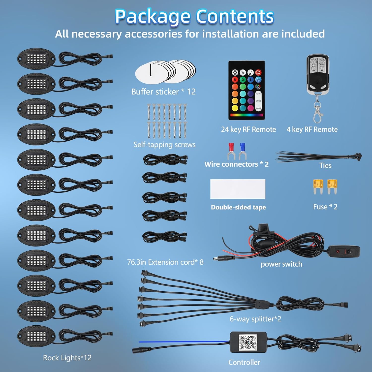 12Pods Segmented Metal RGB LED Rock Lights Kit+4Pcs 47 inch 4-Pin Extension Wire Cable Cord