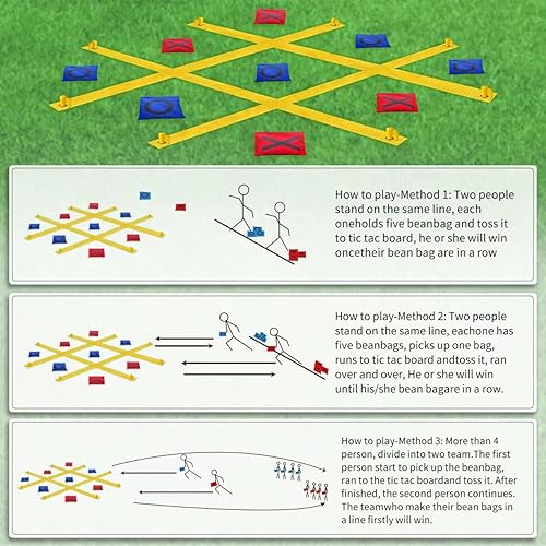 Miniatura 9 de TRINEAR Juego de correa gigante de Tic Tac Toe, juegos al aire libre de Tic Tac Toe, juego portátil de 4 pies x 4 pies con 10 bolsas de frijoles,