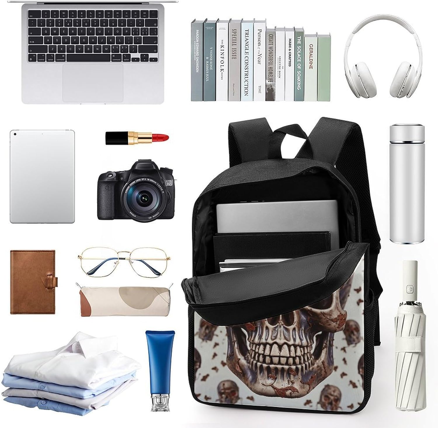 Skull on White Background Lightweight Laptop Backpack Travel Bagpack image 3