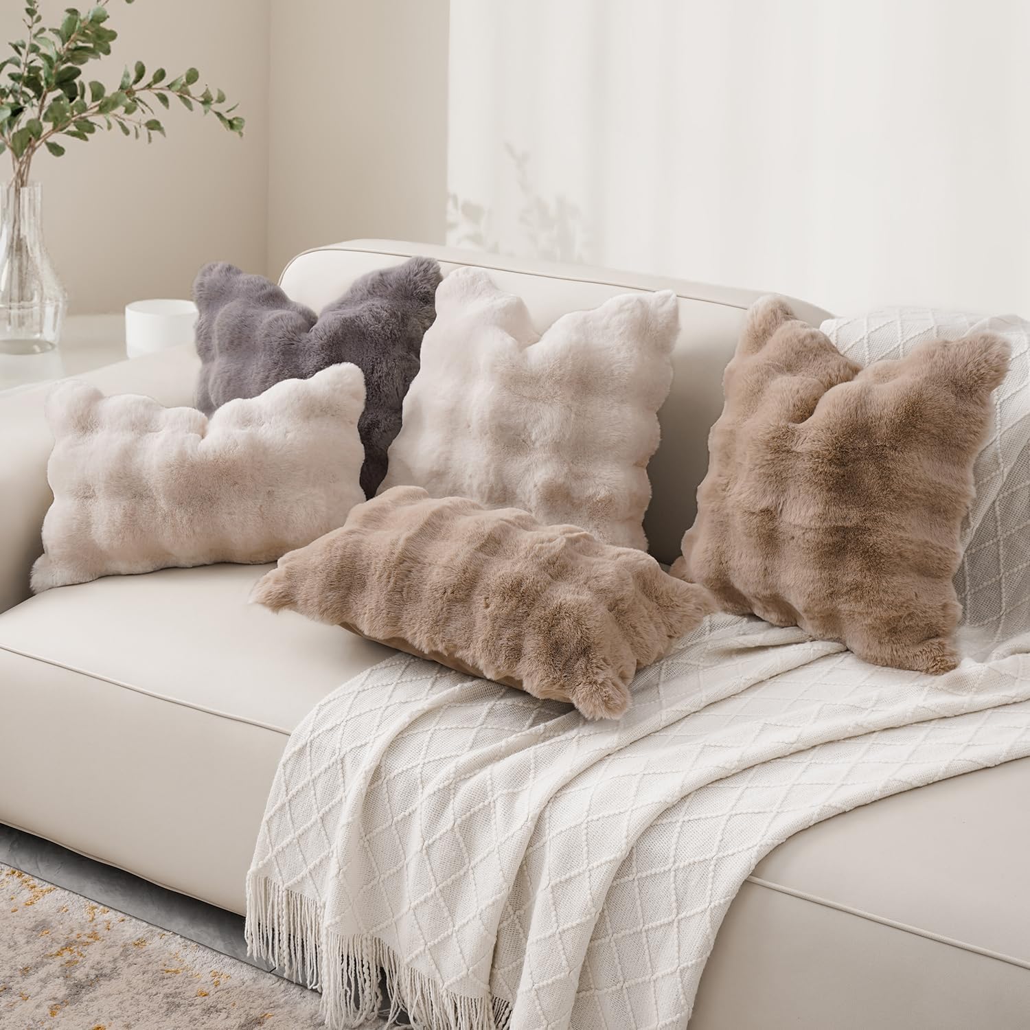 Set of 2 Throw Pillow Covers 18x18 Decorative Pillow Covers for Couch Faux Fur Soft Cozy Pillowcase Sofa Fluffy Plush Pillow Cases Cream White - Image 3