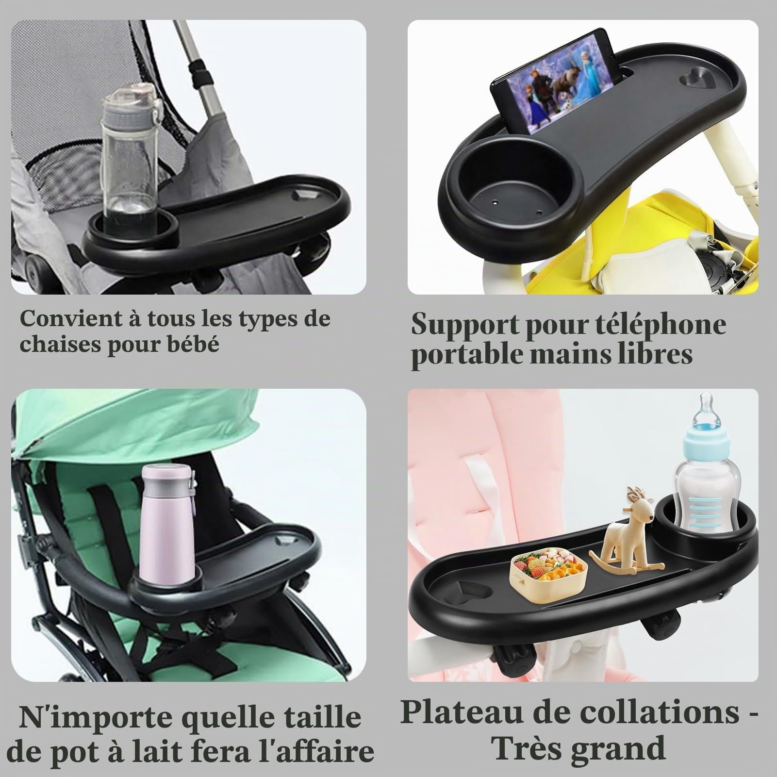 Plateau de Nourriture pour Poussette 3 en 1, Porte-gobelet, Porte-gobelet pour Poussette avec Plateau à goûter Amovible, Accessoire Universel pour Poussette pour Les Voyages