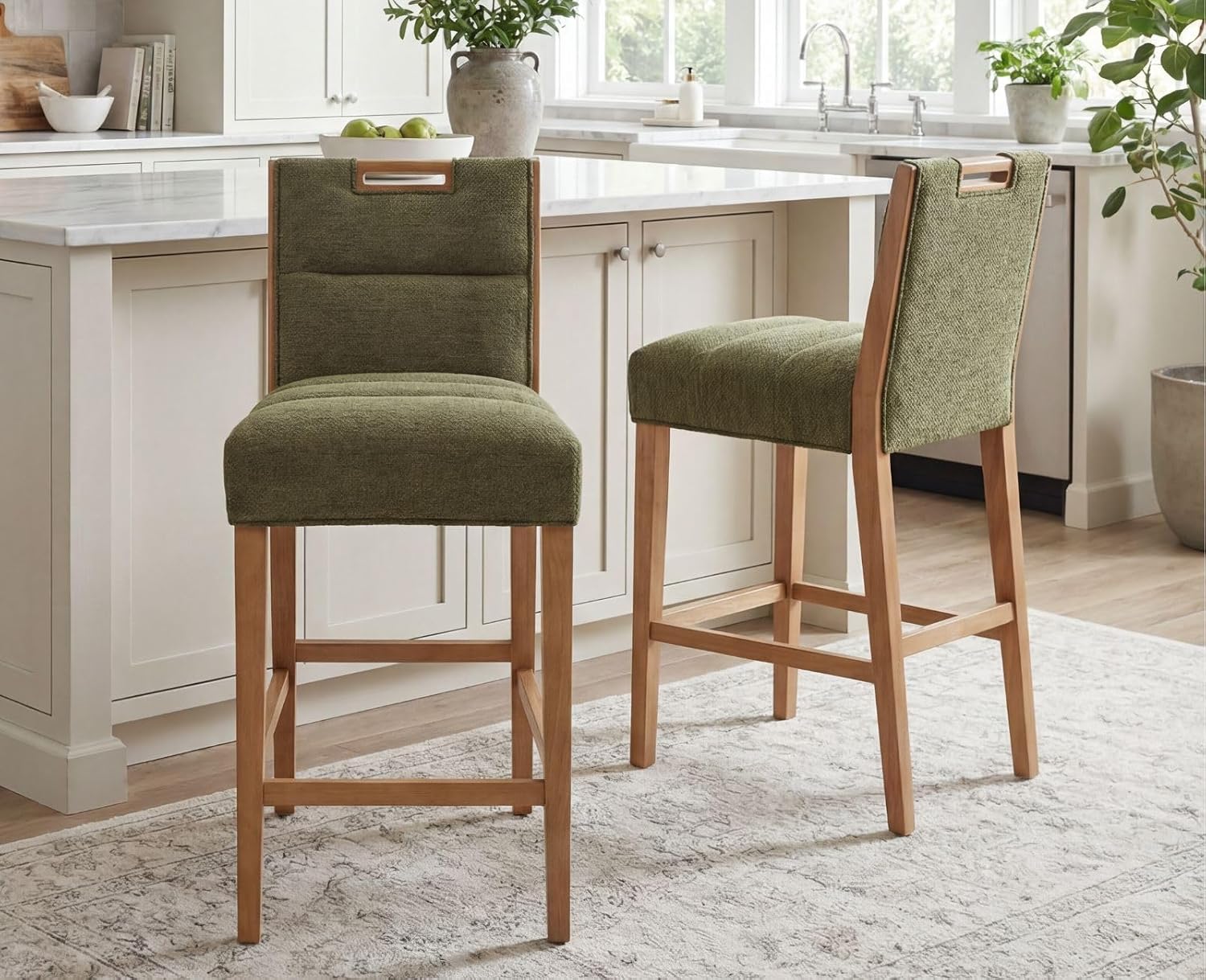 HNY 26 Inch Upholstered Modern Bar Stools Set of 2, Wooden Counter Height Barstools with 5" Thick Padded Seat & Cushioned Back, Armless Chenille Fabric Bar Chairs for Kitchen Island, Home Bar, Green