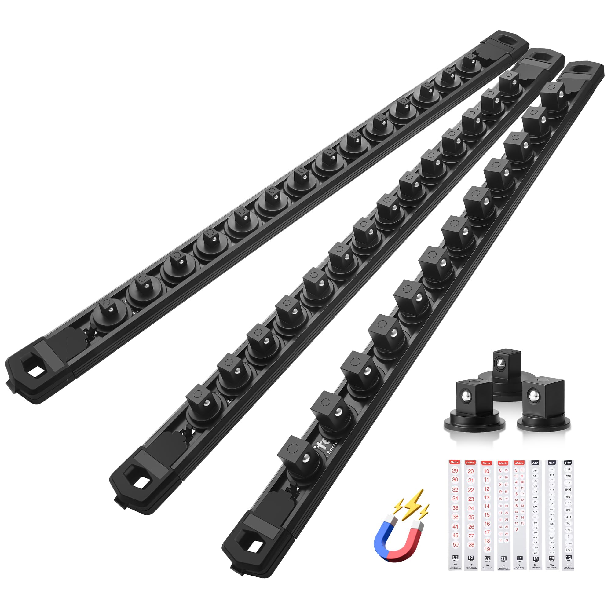 Reniteco Magnetic Socket Organizer Set, 3-Piece 1/4” 3/8” 1/2” Socket Rails