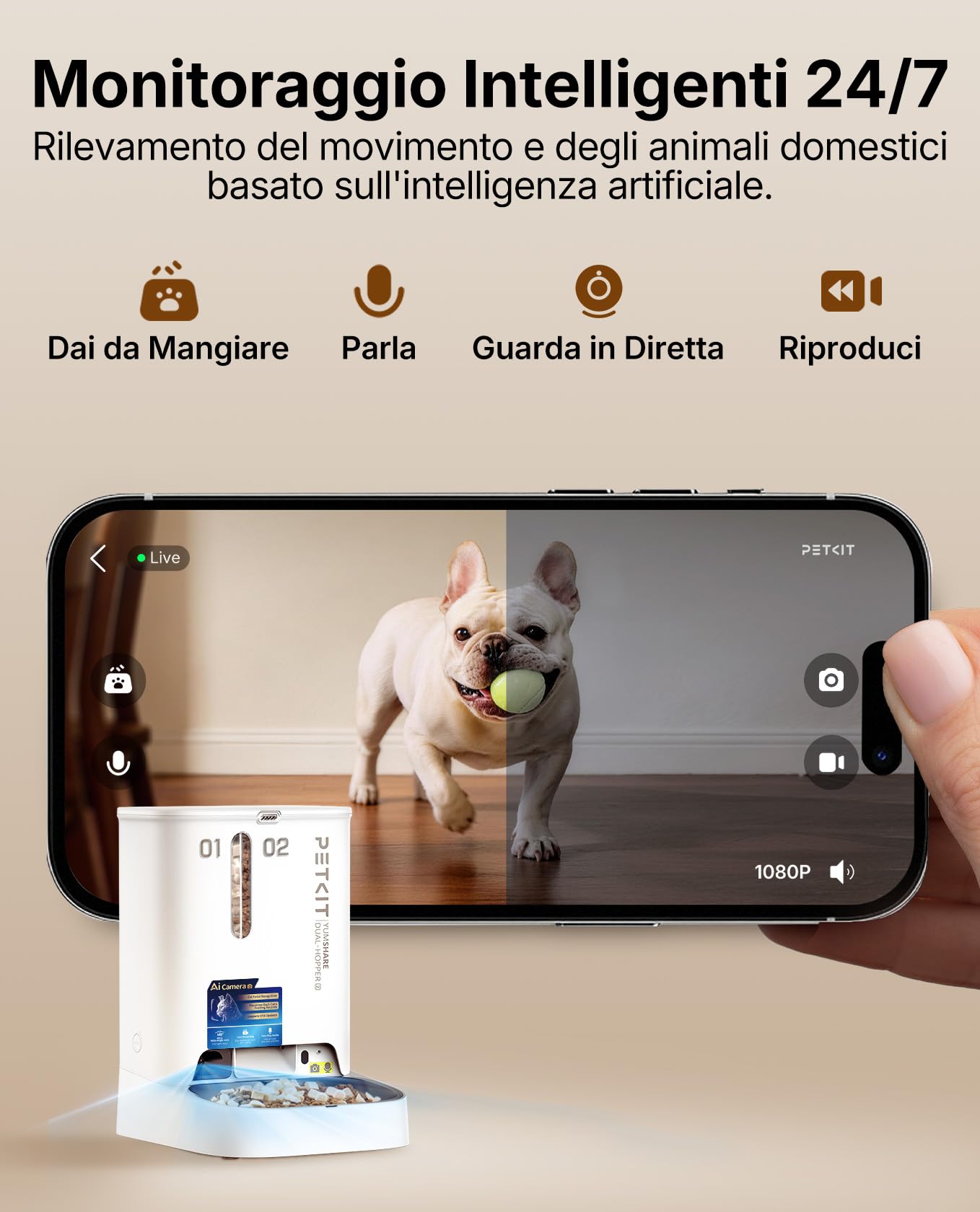 PETKIT YumShare Dual-Hopper 2, Distributore Automatico di Cibo per Gatti e Cani con Telecamera HD 1080p, Riconoscimento Multiplo Gatti, Funzioni AI, Capacità 5L, Wi-Fi 2.4 GHz e 5 GHz