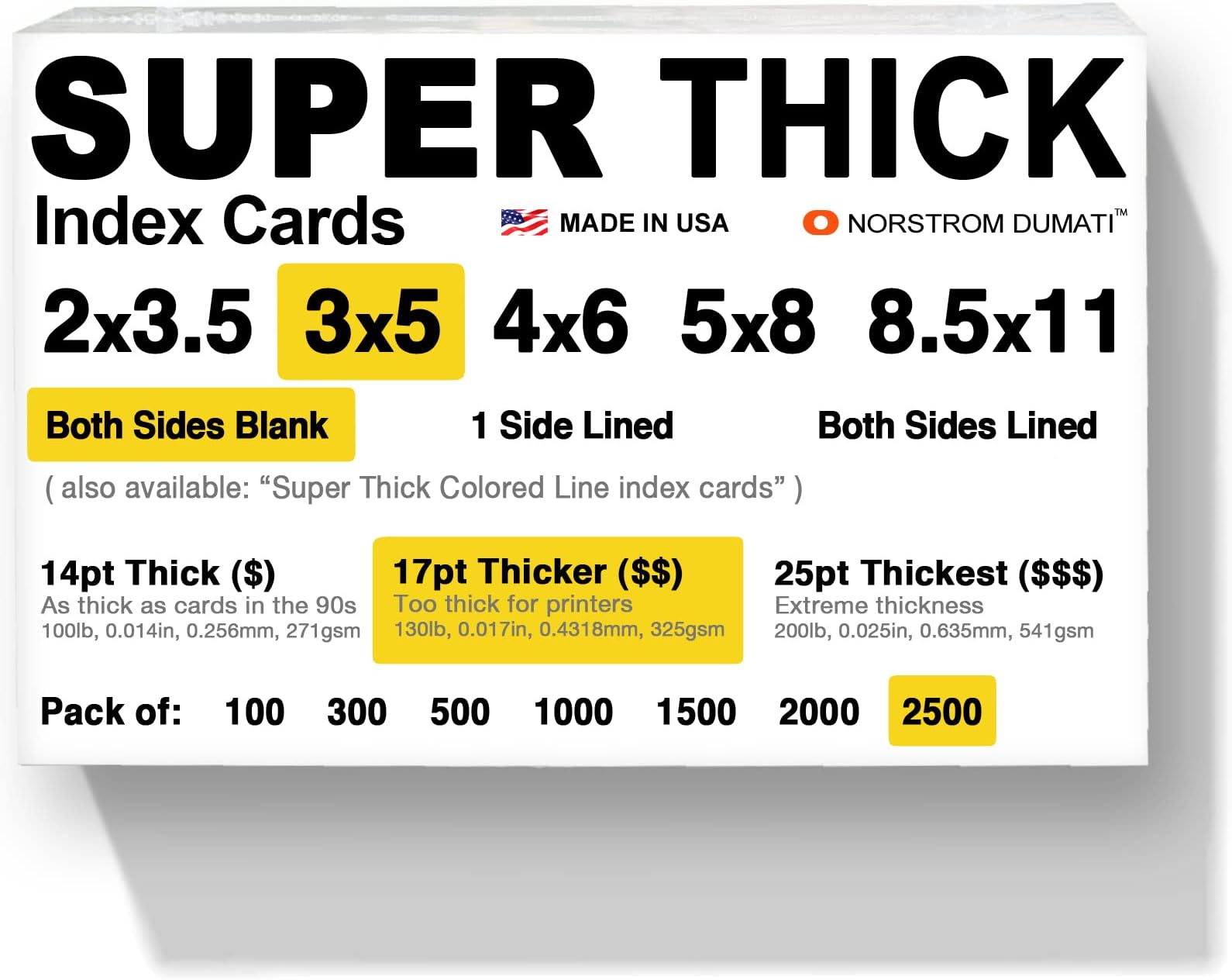 2,500 SUPER THICK index cards / 3"x5" / 17pt (0.017") 130lb / blank un-ruled/archival acid-free in bulk
