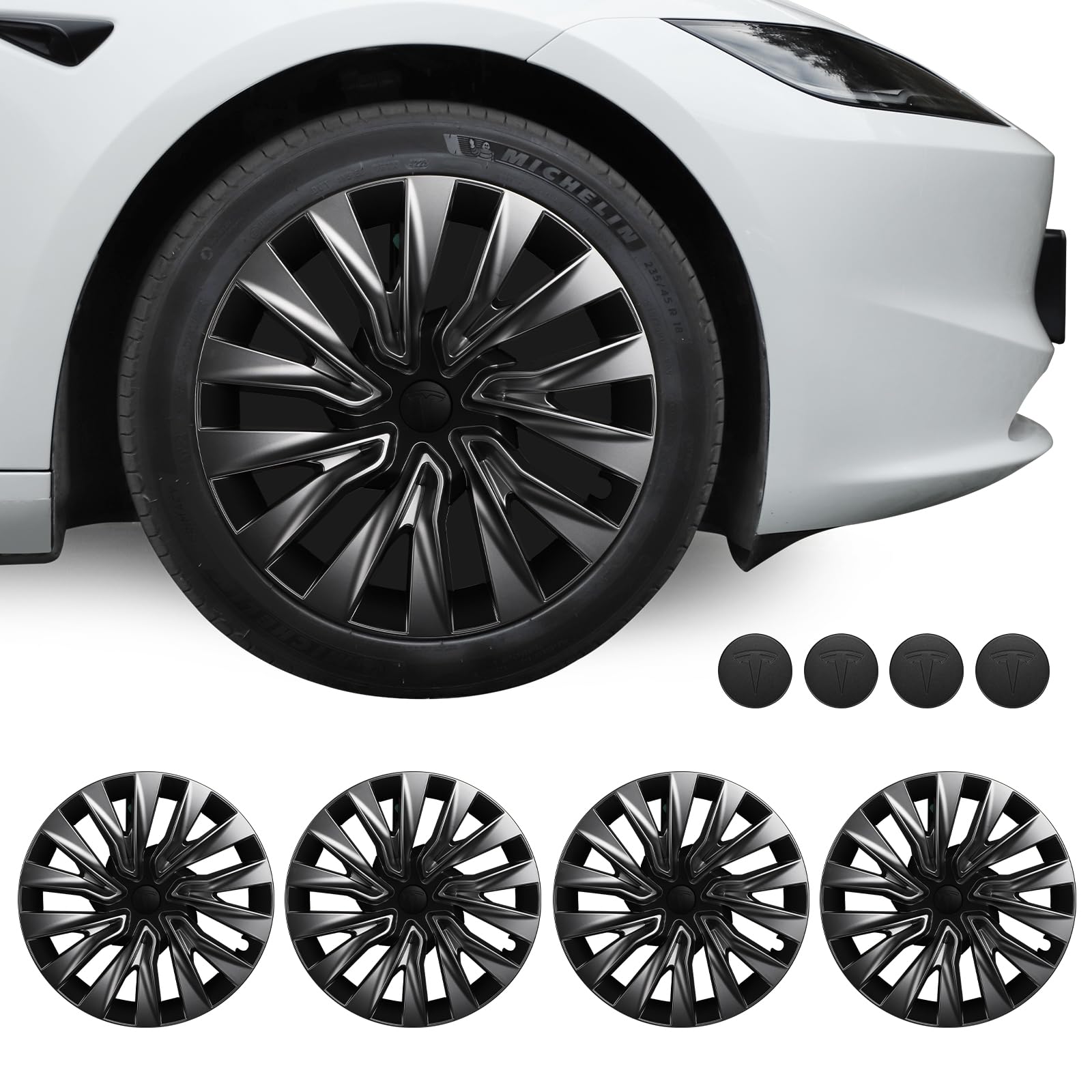 BASENOR 2024 2025 Upgraded Tesla Model 3 Nova Wheel Covers Hubcaps 18 Inch Hub Caps Rim Protectors Cover Replacement Protection for Model 3 Highland Accessories Silver (Set of 4)
