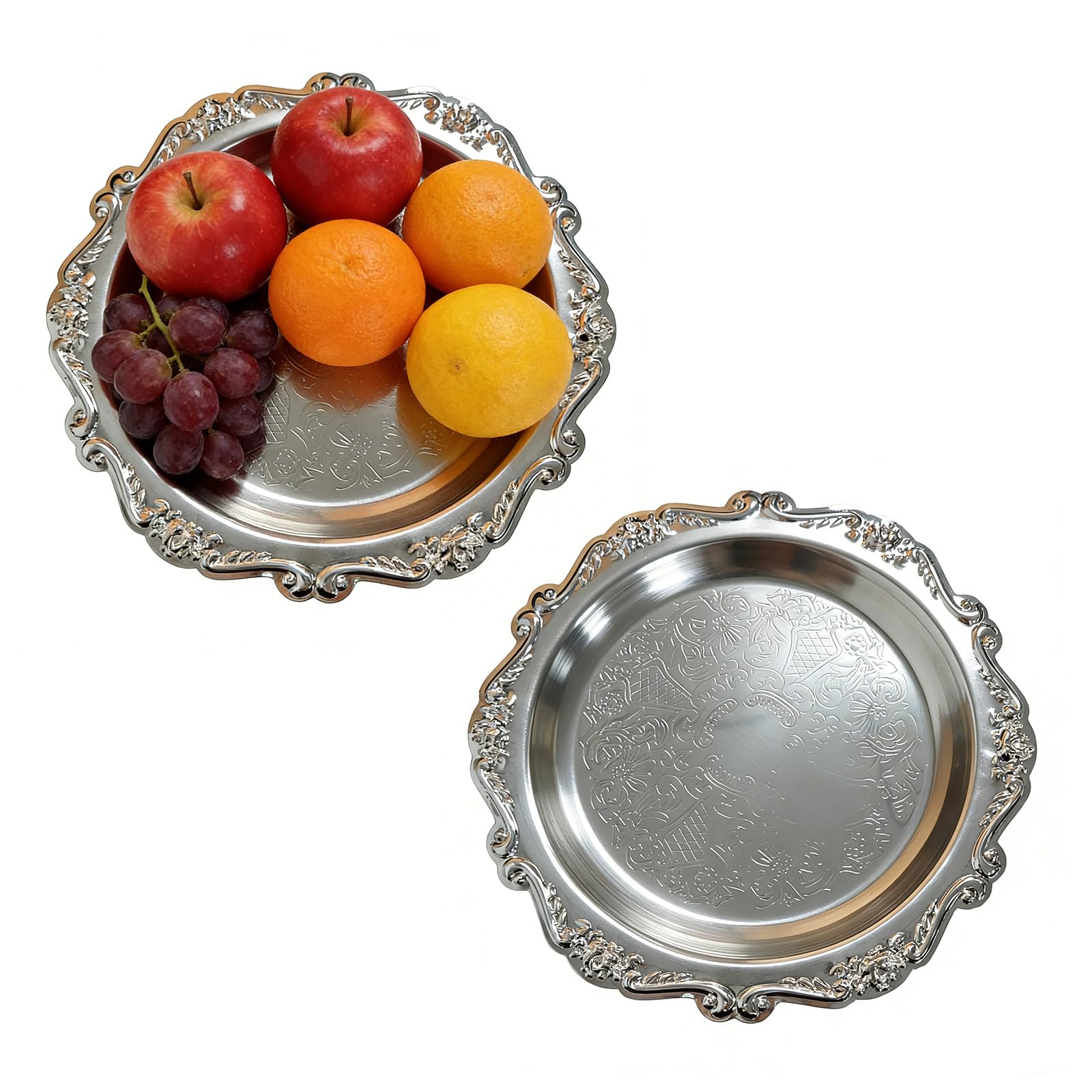 Photo 1 of Round Silver Tray, Serving Platters, Vintage Metal Dessert Snack Platter, Decorative for Coffee Table, Fruits Party Displays,7.9 Inch, 2Pack