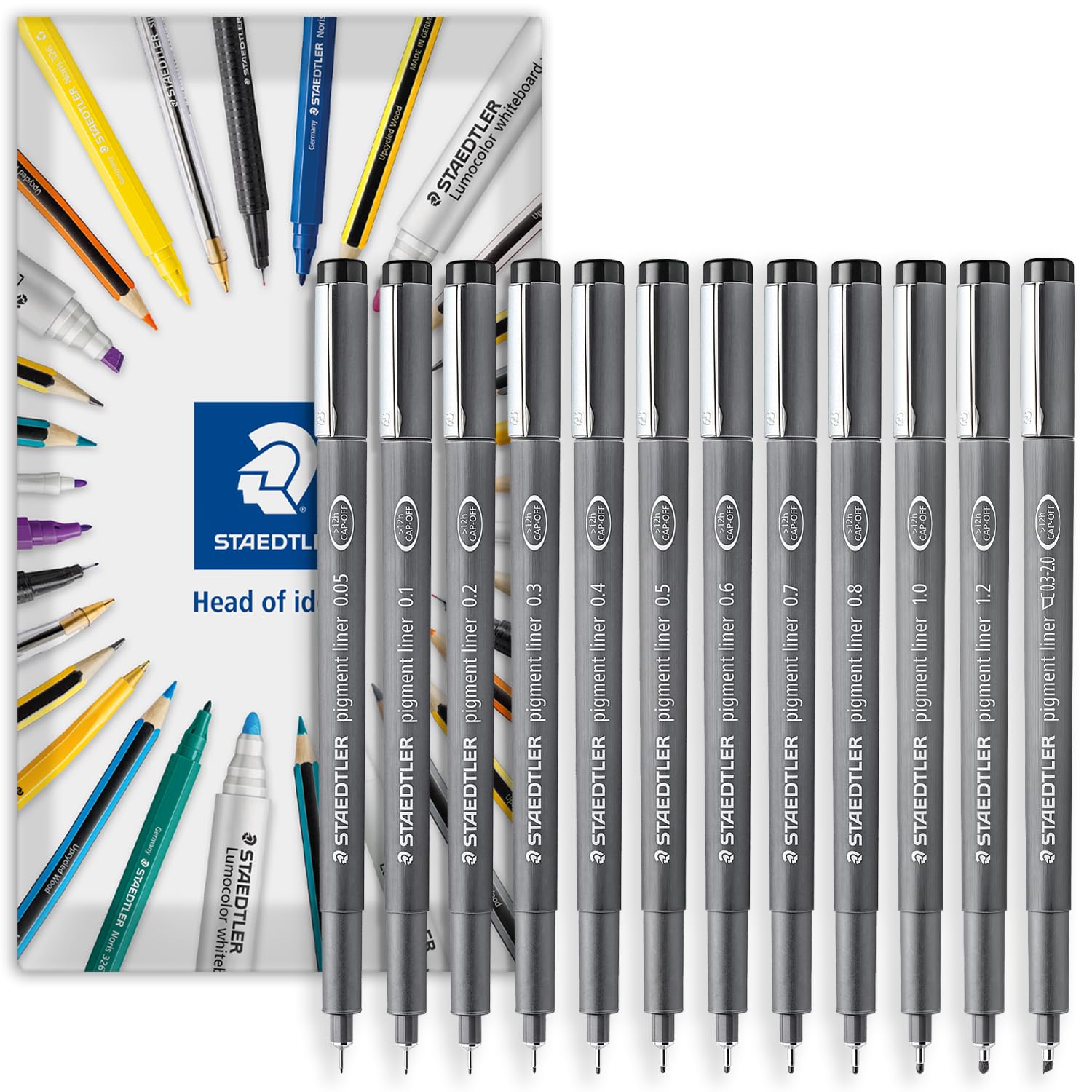 STAEDTLER 308 Pigment Liner Fineliner Pen - Ideal for Writing, Sketching, Technical Drawing, Marking Out - Black Ink - In Envelope Gift Packaging (Full Range Pack of 12)