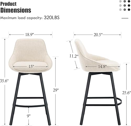 Miniatura 2 de Flouki Juego de 2 taburetes giratorios para mostrador, taburetes de bar tapizados para isla de cocina, sillas de bar modernas de tela de lino, base