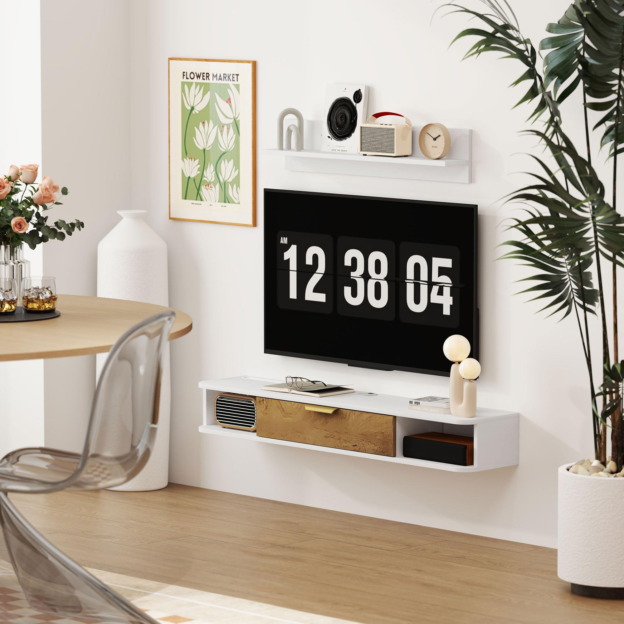 HOMCOM Conjunto de Muebles de Salón, Muebles de TV con Estante de Pared, Puerta, Estantes Abiertos, Orificios para Cables, para Televisión de Pared, 120x24x16 cm, Blanco