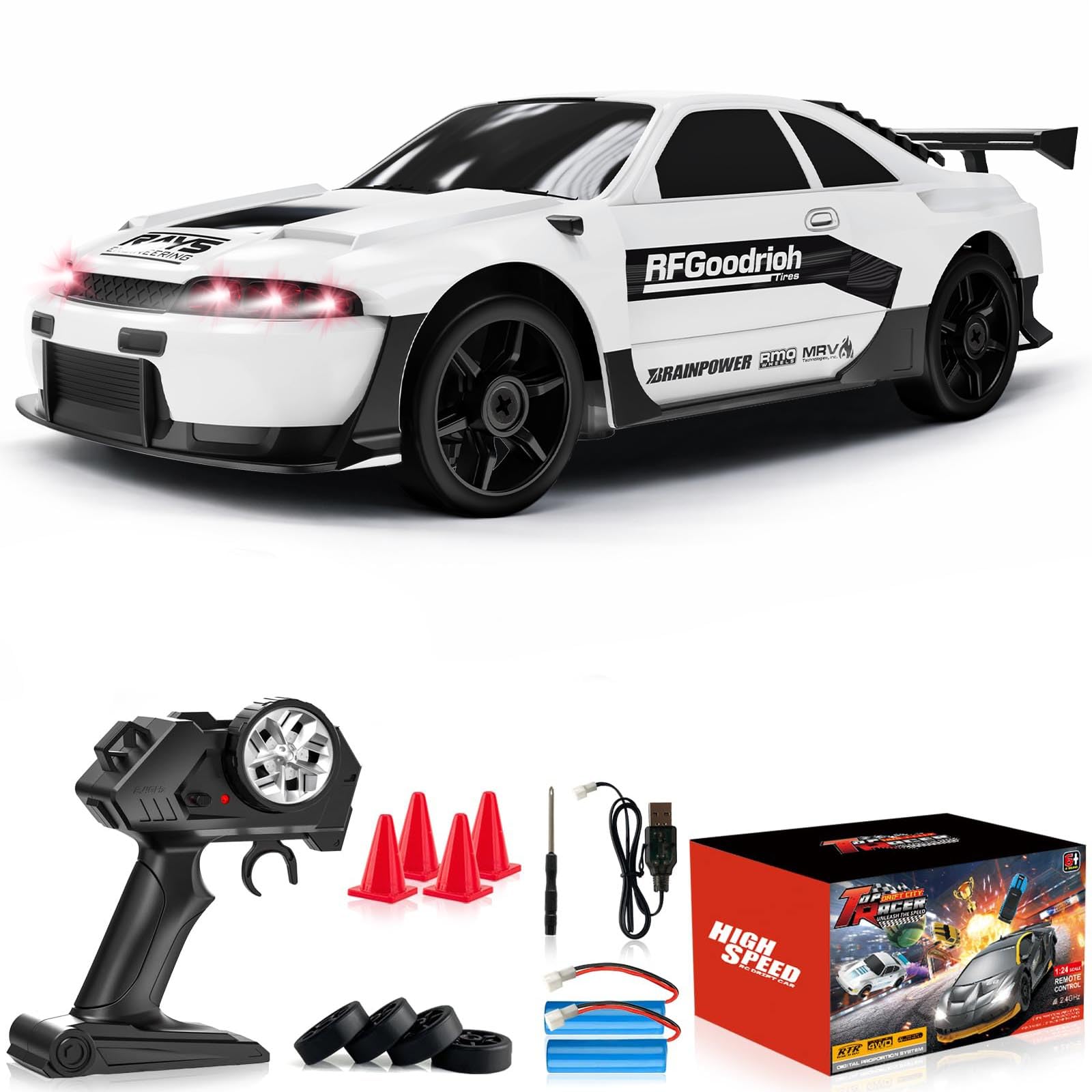 Remote Control Car RC Drift Car 2.4GHz 1:24 4WD 15KM/H High Speed Racing Sport Car with LED Lights Drifting Tire Racing Sport Toy for Adults Boys Girls Kids Gift 2Pcs Rechargeable Batteries