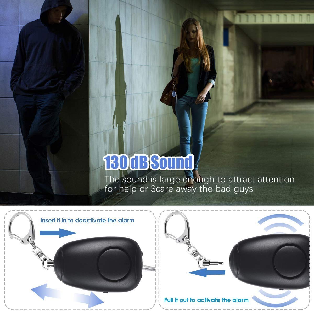 Lot de 3 alarmes personnelles rechargeables d'urgence 130 dB avec 2 lumières LED, pour femmes, hommes, enfants, personnes âgées - Noir