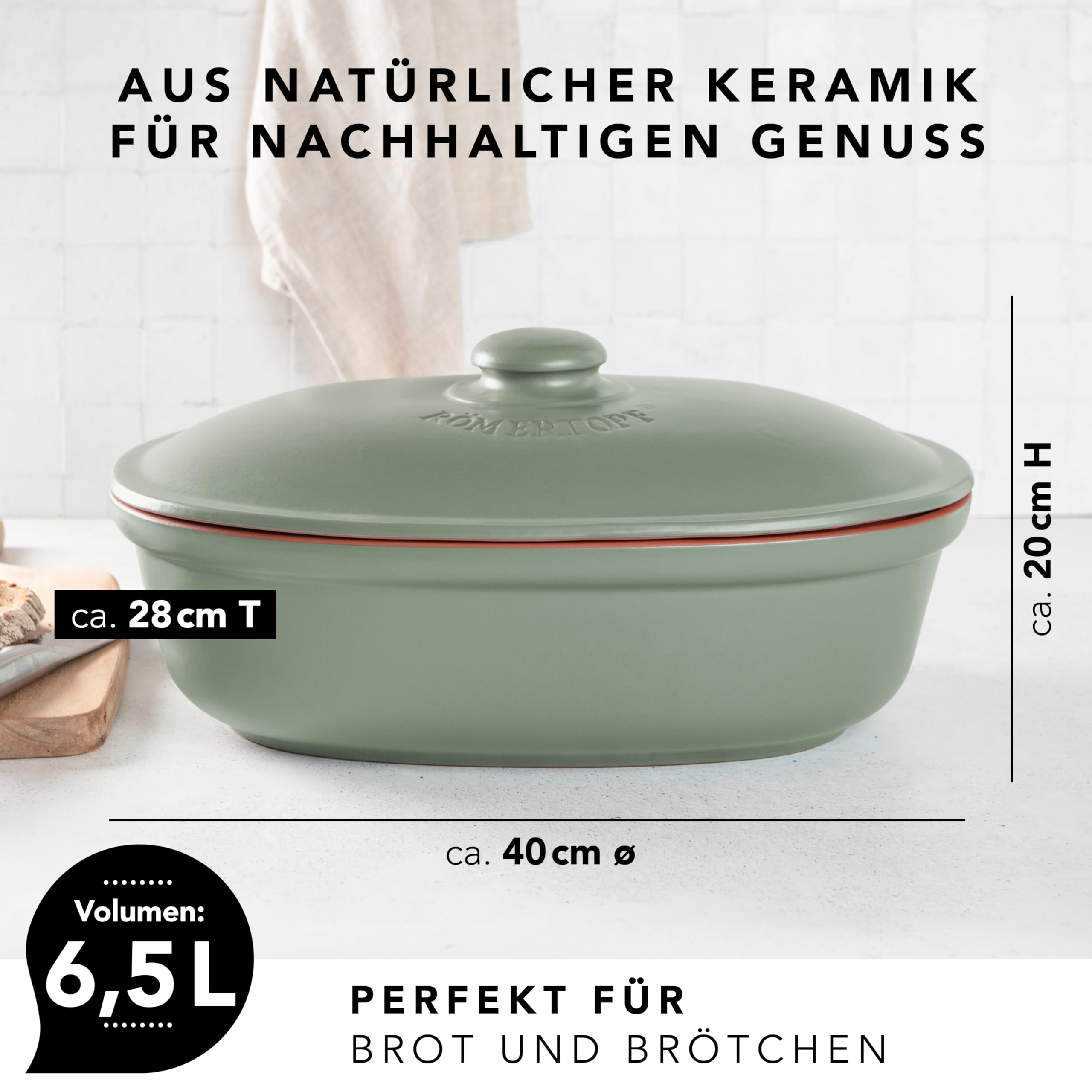 Römertopf Brottopf oval MAXI 6,5 Liter - Brotkasten Grün aus Keramik - Atmungsaktiver Tontopf für langanhaltende Frische von Brot und Brötchen