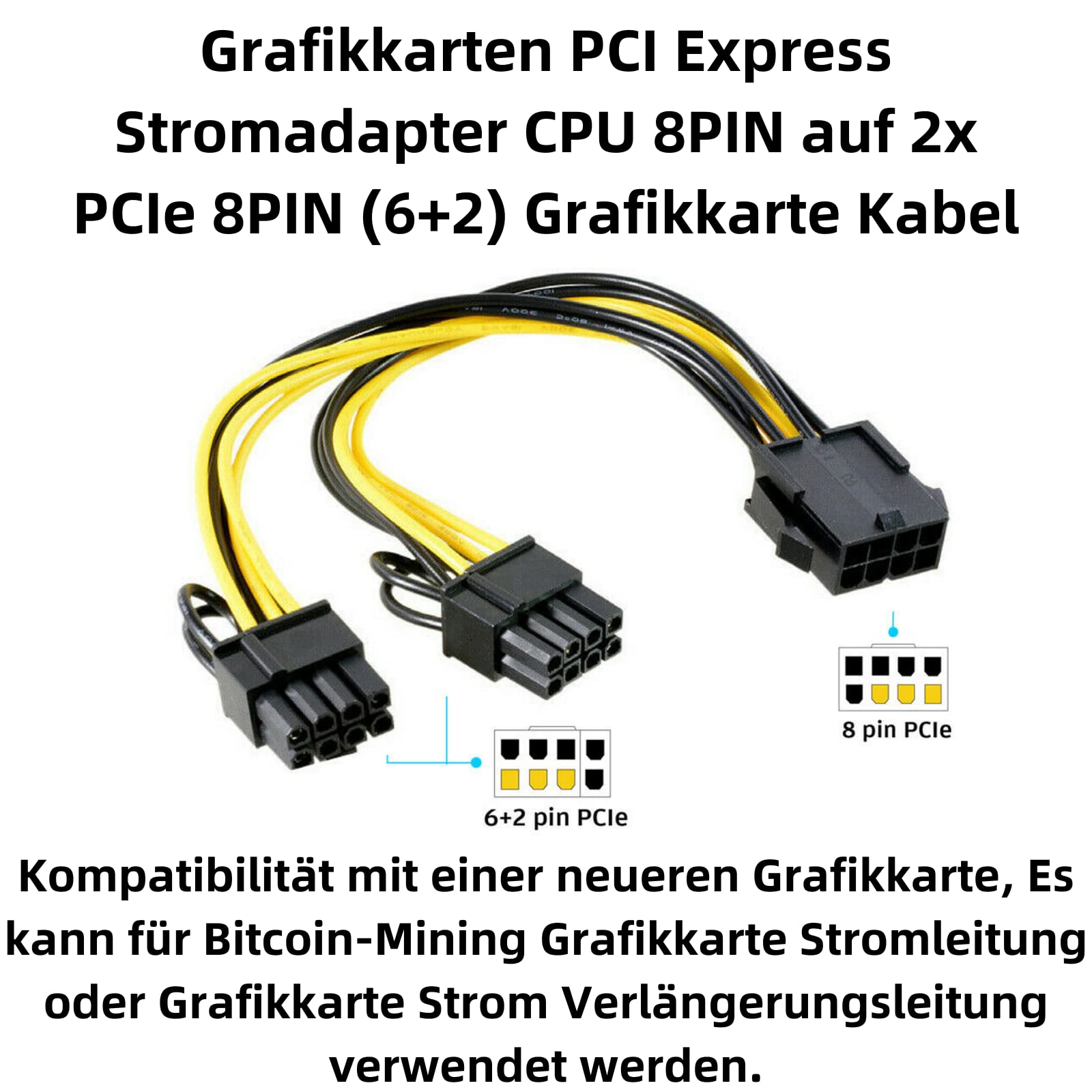 Q55S 8-pinowy kabel zasilający PCIe na 2 x 8-pinowy (6+2), adapter PCI-Express, adapter 20 cm do GPU, rozdzielacz PCIe Y, przedłużacz do kart graficznych