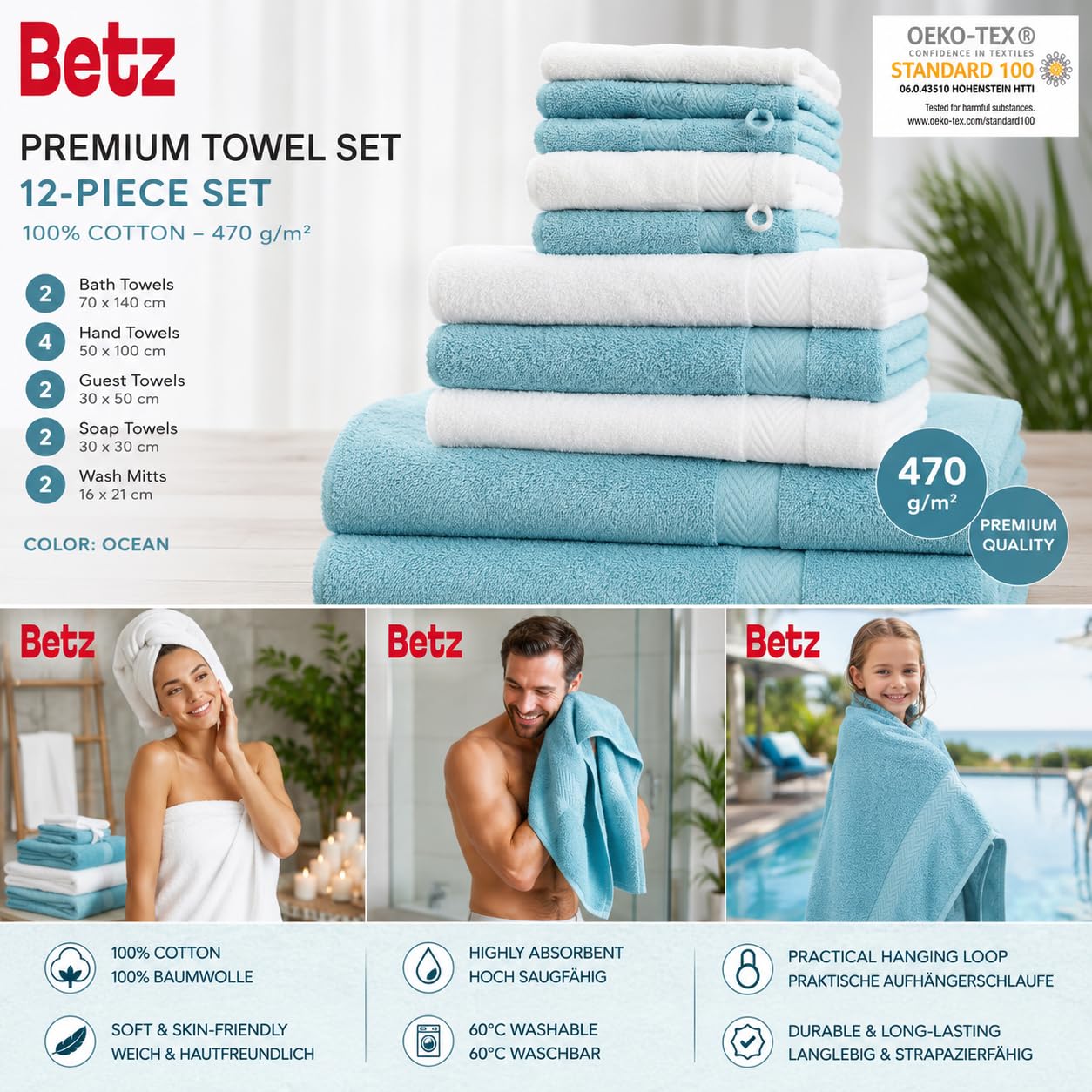 Betz 12-częściowy zestaw ręczników premium 100% bawełna 2 ręczniki kąpielowe 4 ręczniki do rąk 2 ręczniki dla gości 2 ręczniki do rąk 2 rękawice do mycia kolor biały/ocean