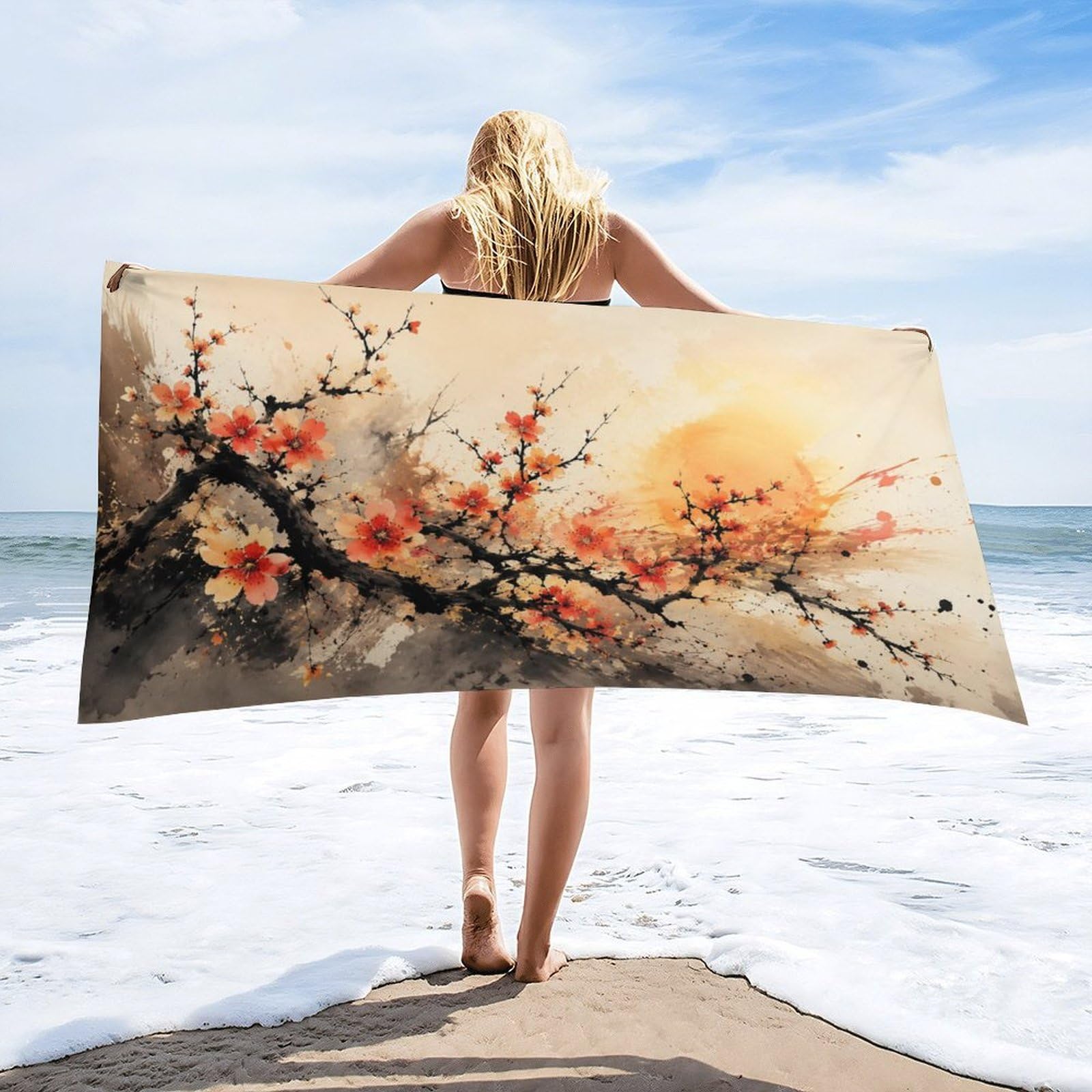Anceky Cherry Blossom Branch Beach Towel 32"×63",Soft Microfiber Bath Towel Shawl, Quick Dry Absorbent Pool Spa Gym Shower Towel