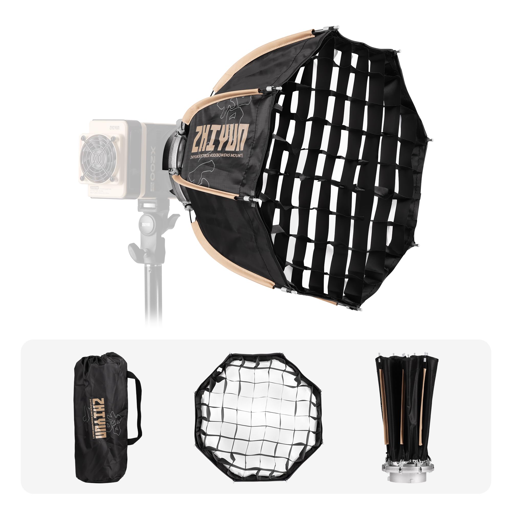 HIYUN Bowens Mount Boîte à Lumière Octogonale 40D Softbox pour ZHIYUN Molus X200, Série G Série B avec Fermeture Rapide et Grille en nid d'abeille pour Studio Photo, Enregistrement vidéo et Portrait