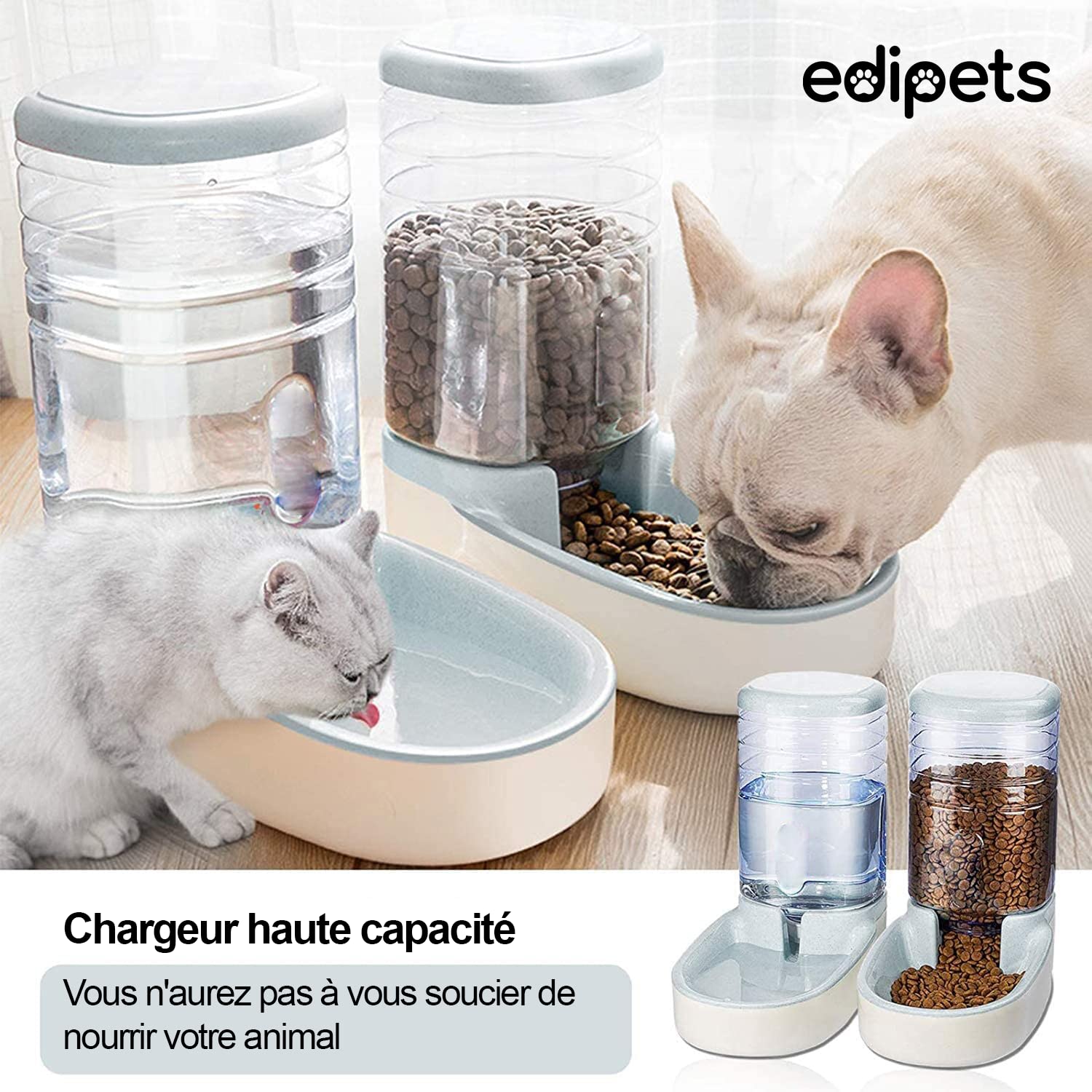 Edipets, Distributeur Croquettes Chat, Chien, Automatique, 2 Unités, 3.8 L, Gamelle à Nourriture et à Eau pour Animaux de Compagnie (Gris)