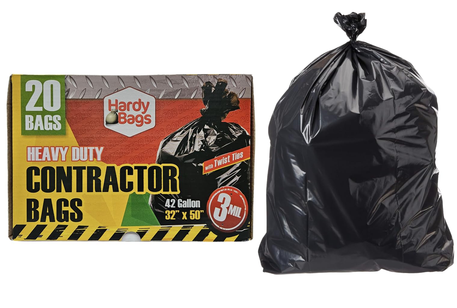 Hardy Bags Contractor Trash Bags – 42 Gallon Heavy-Duty, 3 Mil Thick, 20 Count Box, Extra Strong Construction, Tear & Puncture Resistant (Contractor, Pack of 1)