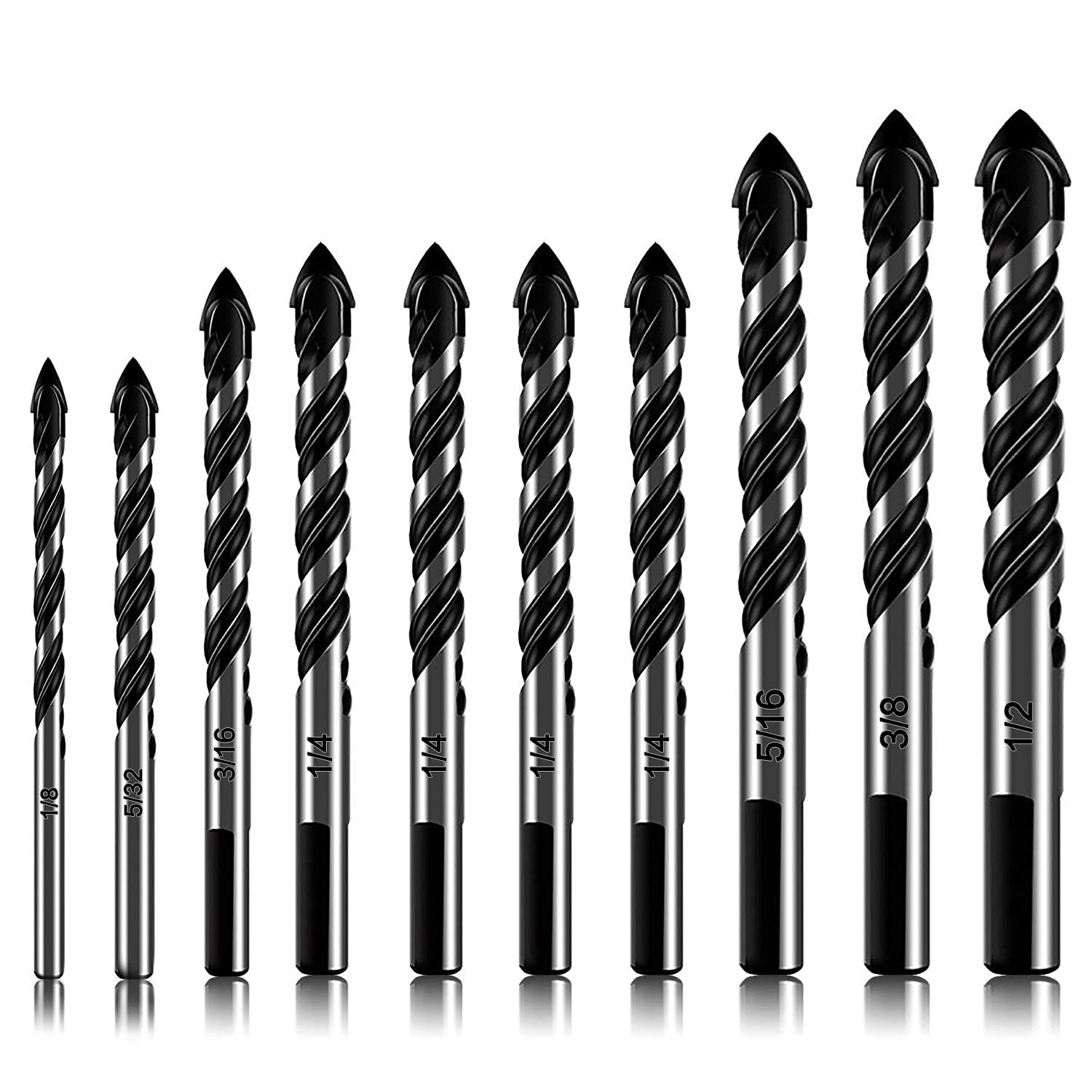 10 Piece Masonry Drill Bits Set for Tile Glass Ceramic Brick Wood, 1/8 to 1/2 Inch Drilling Bits with Triangle Handle, YG8 Tungsten Steel Alloy Tip, Black