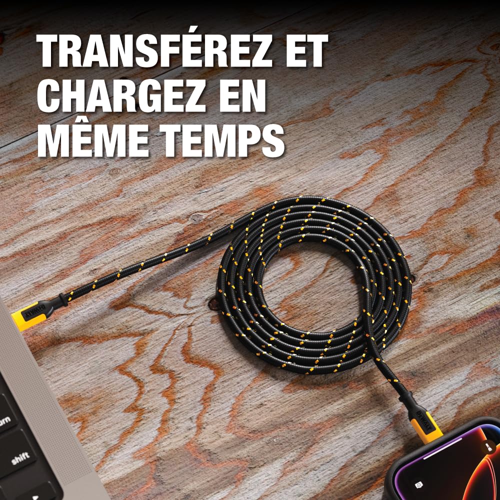 DEWALT Cable Lightning vers USB Câble tressé renforcé pour cordon de chargeur Lightning Compatible avec iPhone Câble (4 pieds - 2 câbles)