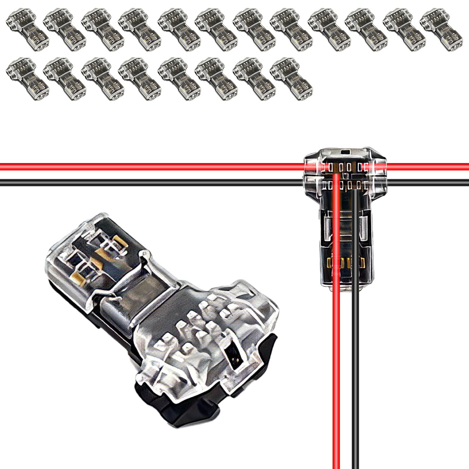 20 Pcs 2-Pin Low Voltage T-Type Wire Connectors with Locking Buckle, Quick Connect Clips, No-Strip Solderless Double Wire Splice Connectors for LED Strips, DIY Cable Connection