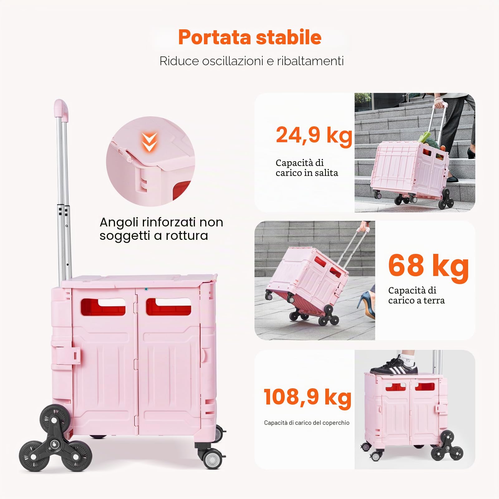 VEVOR Carrello Pieghevole, Carrello Portaoggetti Portatile 65 L con Ruote per Salire, Carrello a Mano con Ruote Girevoli 360° Maniglia Telescopica per l'Ufficio, l'Insegnante, in Movimento, Rosa
