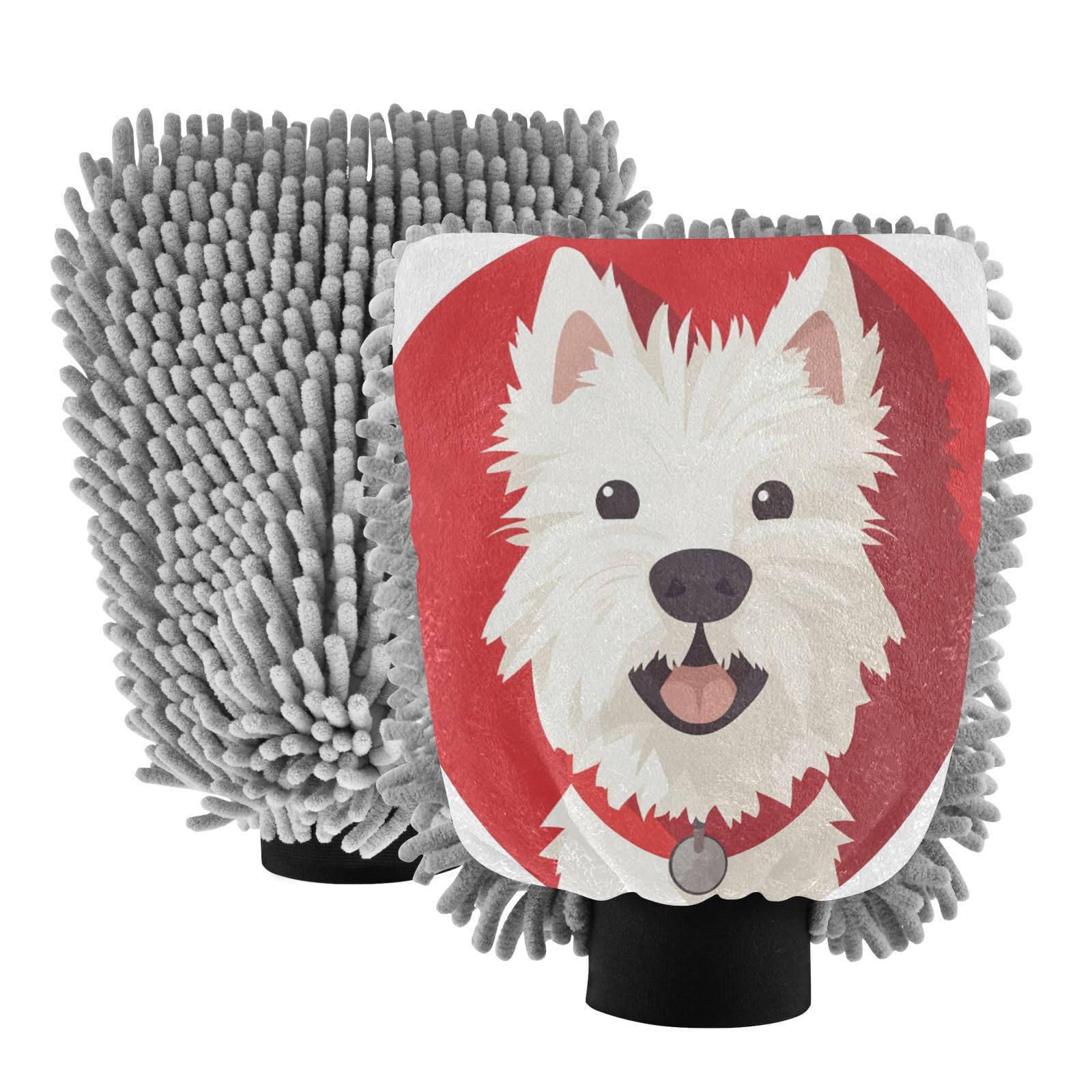 STAYTOP Cute White Dog Car Wash Mitt Microfiber, 2Pcs Scratch Free Lint-Free, Premium Chenille Microfiber Mitt Car Wash Brush-M