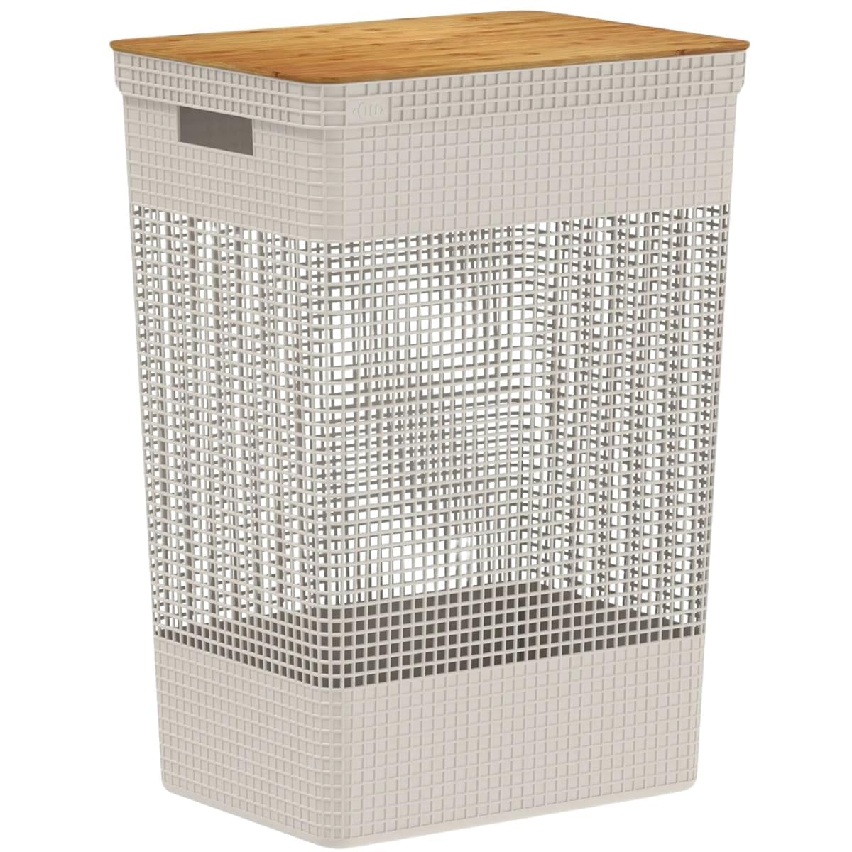 Cesto de Roupa Suja com Tampa de Bambu 49 Litros Bege - Organizador Grande