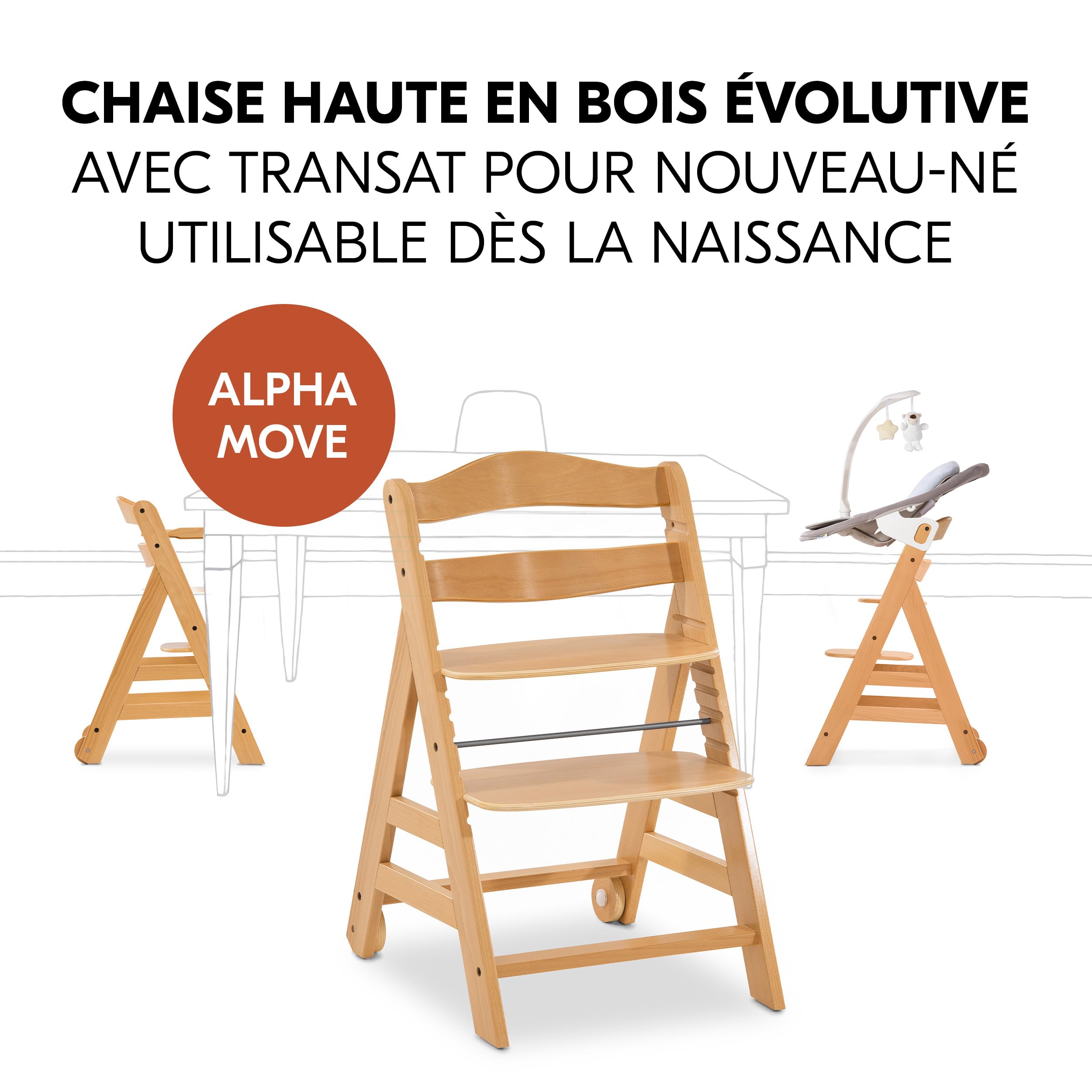 hauck Chaise Haute Bébé en Bois Alpha Move Newborn Set Deluxe - Inclus Accessoire Nouveau-né, Coussin d'Assise et Tablette Repas - Utilisable dès la Naissance, Réglable en Hauteur - Naturel Sable