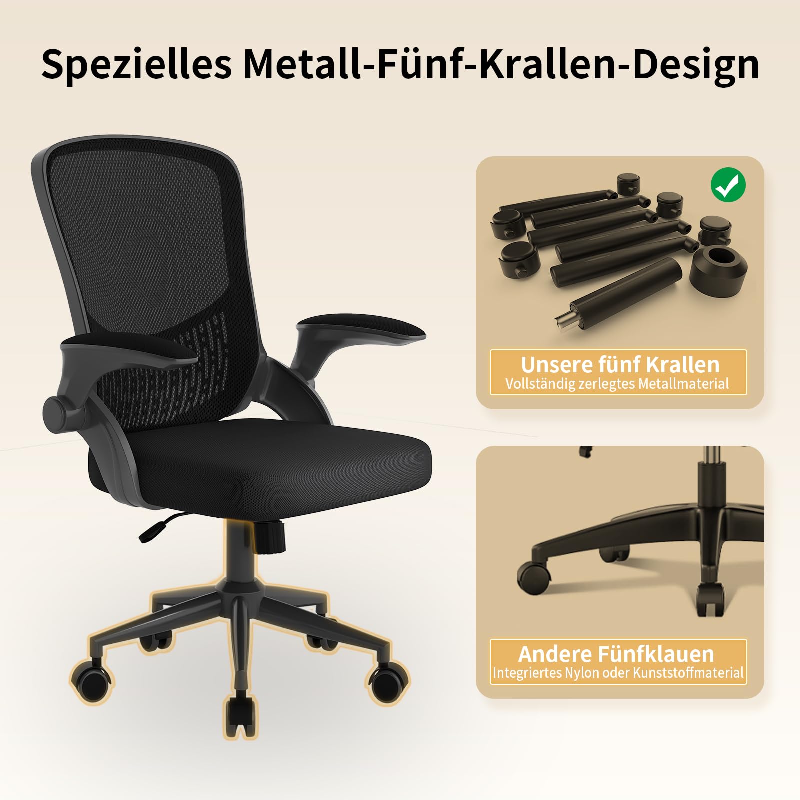 naspaluro Ergonomischer Bürostuhl, Schreibtischstuhl mit 90° Klappbaren Armlehnen, Einzigartige Lendenwirbelstütze, Atmungsaktive Mesh-Polsterung für das Heimbüro, Studie, Schwarz