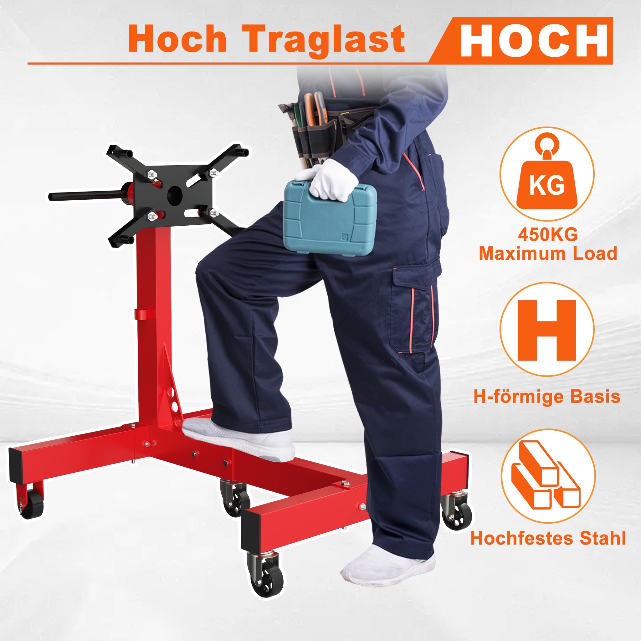 Froadp Motorständer Motorheber, Belastbar bis 680 kg, 360° Drehbar mit Haltearm, Getriebeheber Hydraulisch Stabil, Getriebehalter mit Rollen, Werkstatt Motor Reparaturständer für Auto und LKW, Rot