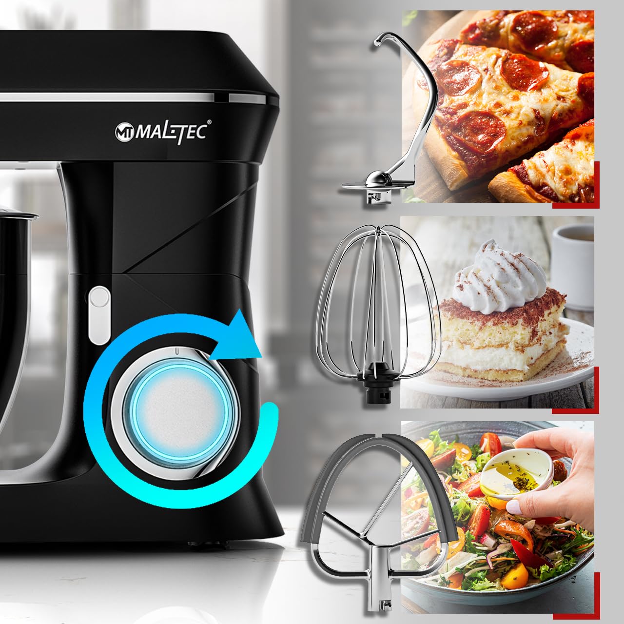 MalTec Planet MaltecChef Robot kuchenny 2200 W, hak do mieszania, hak do ugniatania, trzepacz, ochrona przed pryskaniem, 6 prędkości, 4 funkcje, czarny robot kuchenny, 6 l