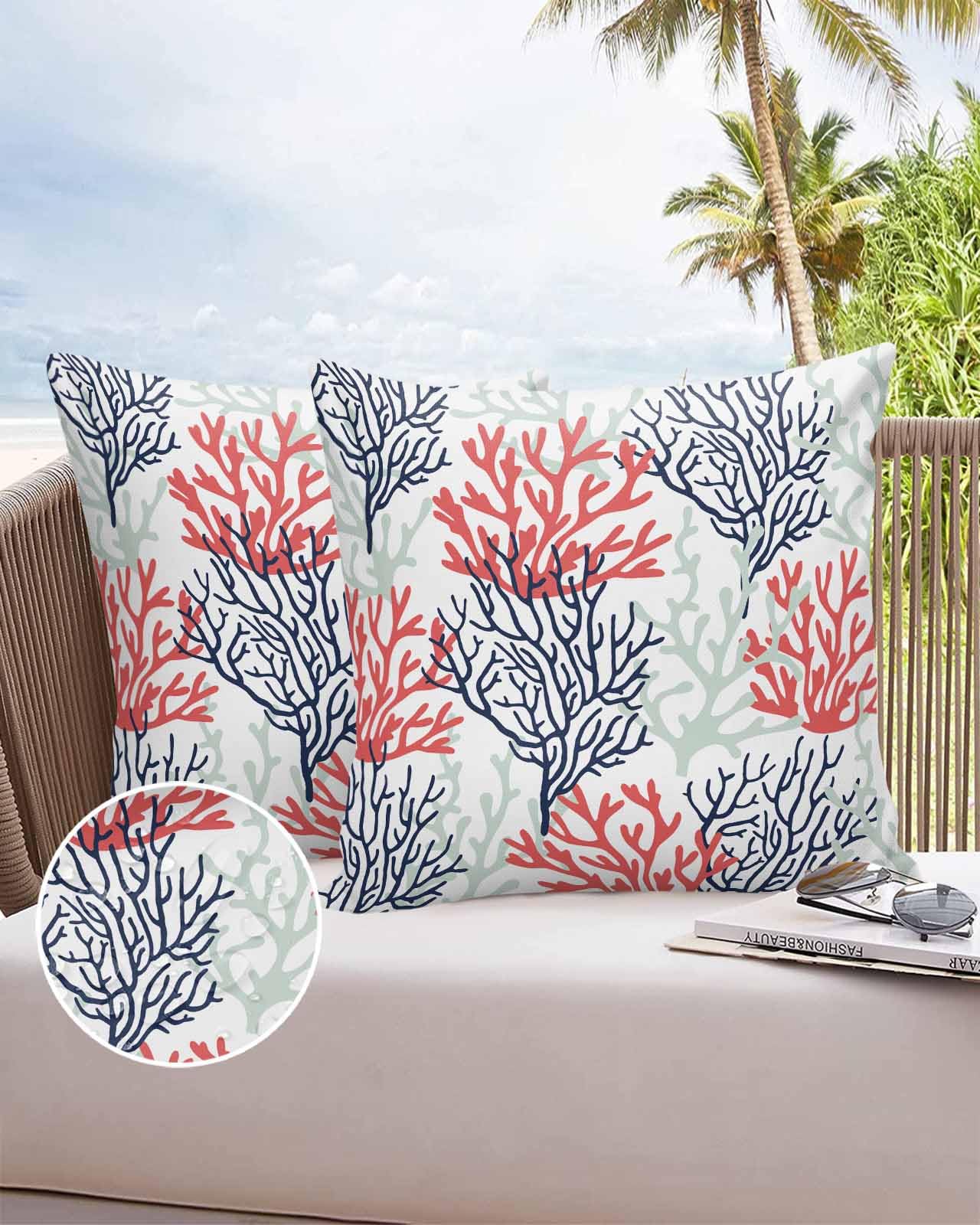 Boanket Outdoor Pillow Covers 26 x 26 In, Red Navy Blue Coral Coastal Waterproof Throw Pillow Cover Set of 2, Summer Beach Seaside Nautical Home Decorative Square Cushion Covers for Patio/Couch/Garden