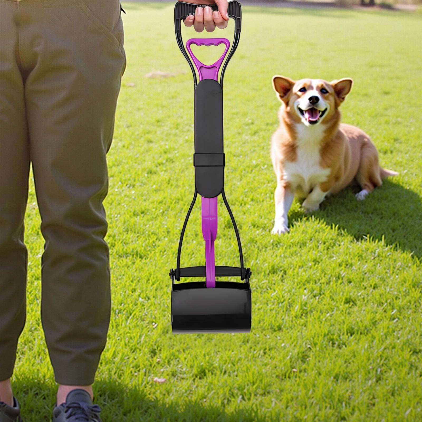 Ramasse-crottes pour Animaux avec Manche Long de 60 cm, Pelle à déjections pour Chien Pliable à la Verticale, Prise en Main Confortable, Plastique Facile à Nettoyer, Violet