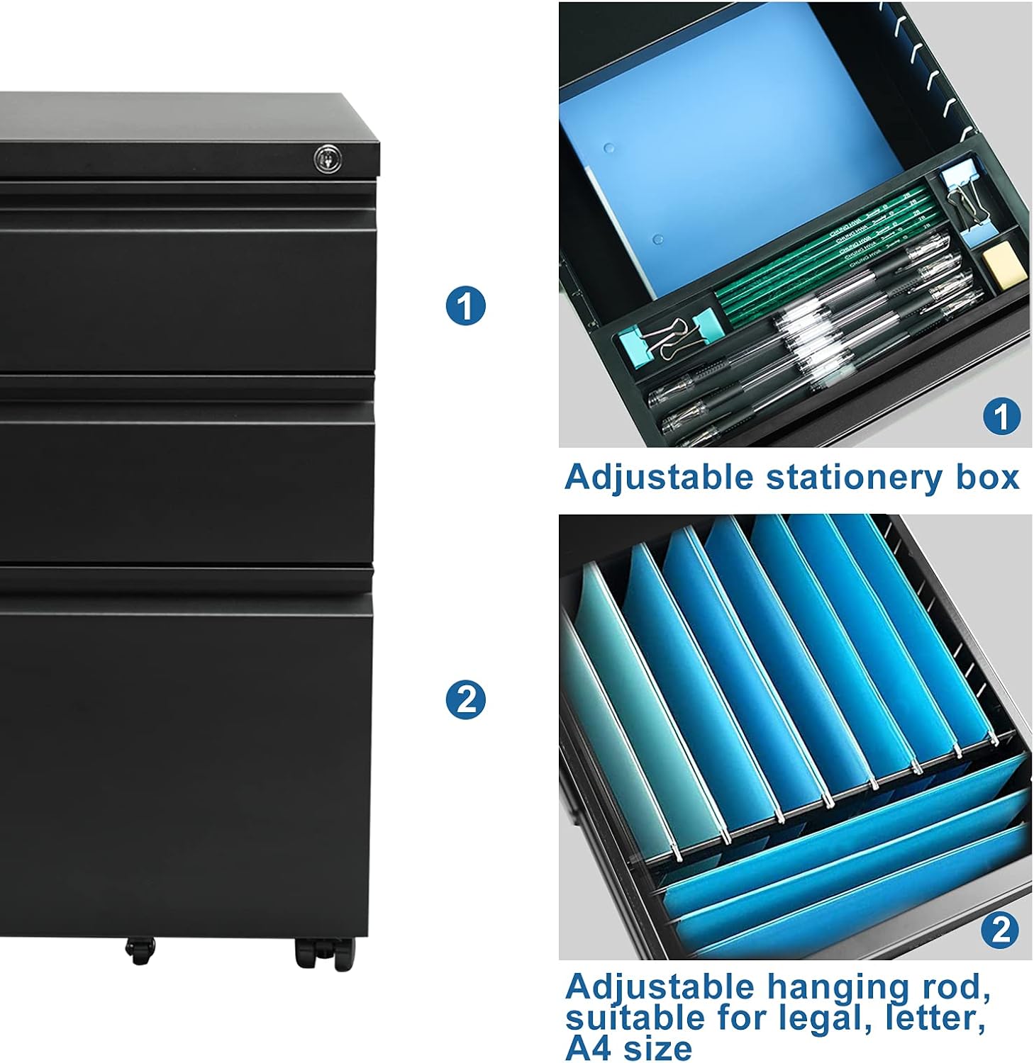 3-Drawer 15.4" W Classic File Cabinet with Lock, Metal Filling Cabinets Suits Legal/Letter Size for Home Office, Fully Assembled Except Wheels, Grey (3-Drawer Widen, Black)