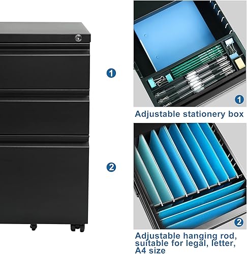 Miniatura 6 de Archivador clásico de 3 cajones de 15.4 pulgadas de ancho con cerradura, gabinetes de llenado de metal para tamaño legalcarta para oficina en casa,