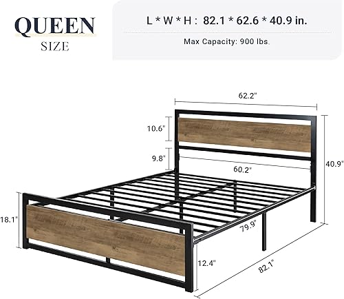 Miniatura 2 de Allewie Base de cama Queen con cabecero, base de cama de plataforma de metal resistente con fuerte soporte, almacenamiento debajo de la cama, base