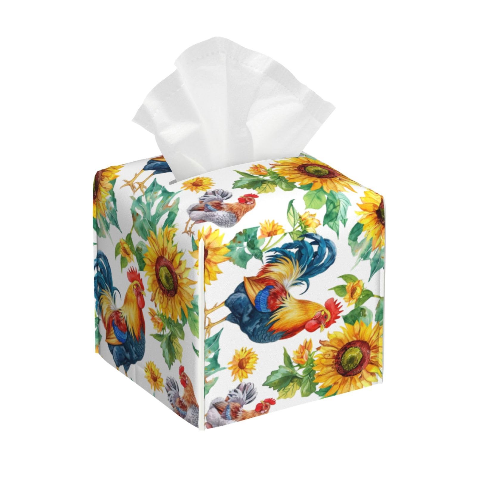 Square Tissue Box Cover, Leather Tissue Cube Box Holder, Rooster Farm Watercolor Sunflower Facial Paper Case for Tabletop, Bathroom, Car, Office 5.2"x5.2"x5.2"in
