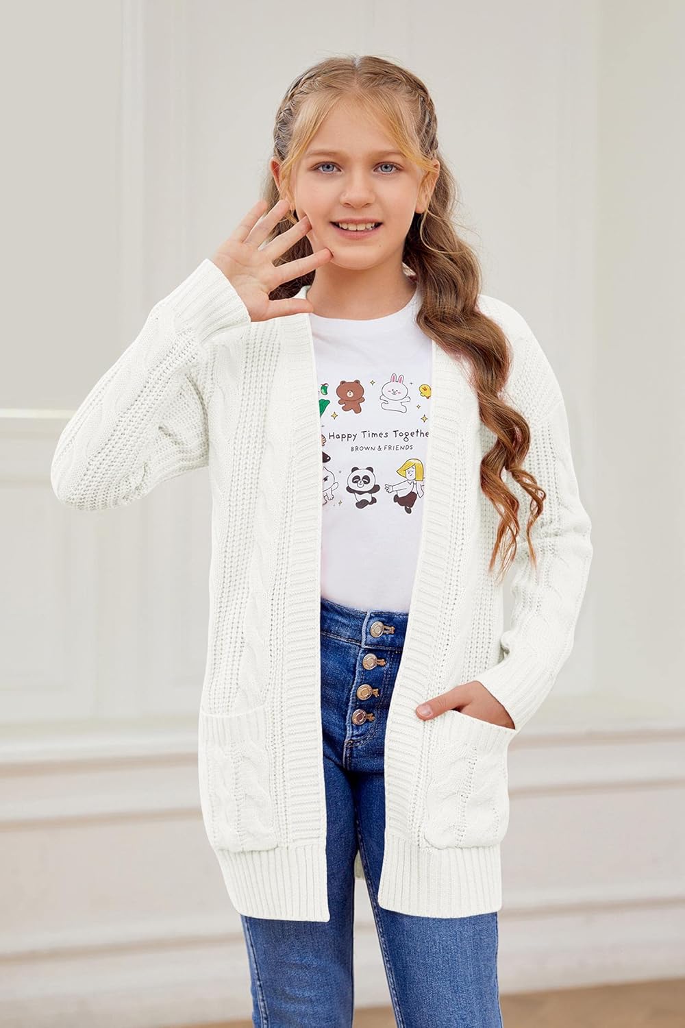 Batermoon Girls' Cardigan Sweaters Kids Cable Knit Casual Oversized Open Front Knitted Outerwear with Pocket - Image 2