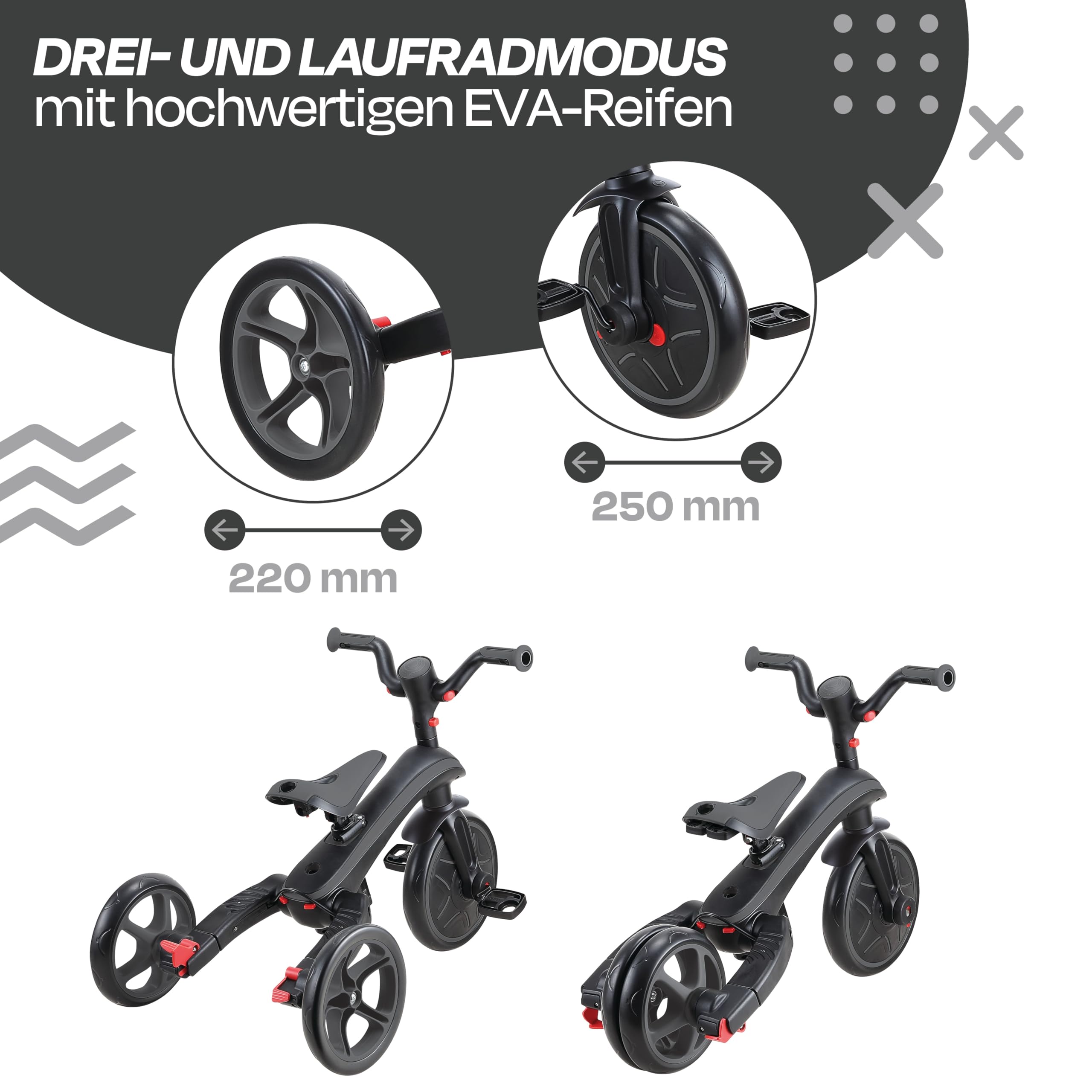 GLOBBER Explorer Trike Foldable 4in1 schwarz-grau – Dreirad, Laufrad und Kinderwagen in 10/8,5 Zoll – TPR-Sitz – höhenverstellbares Kinderfahrzeug