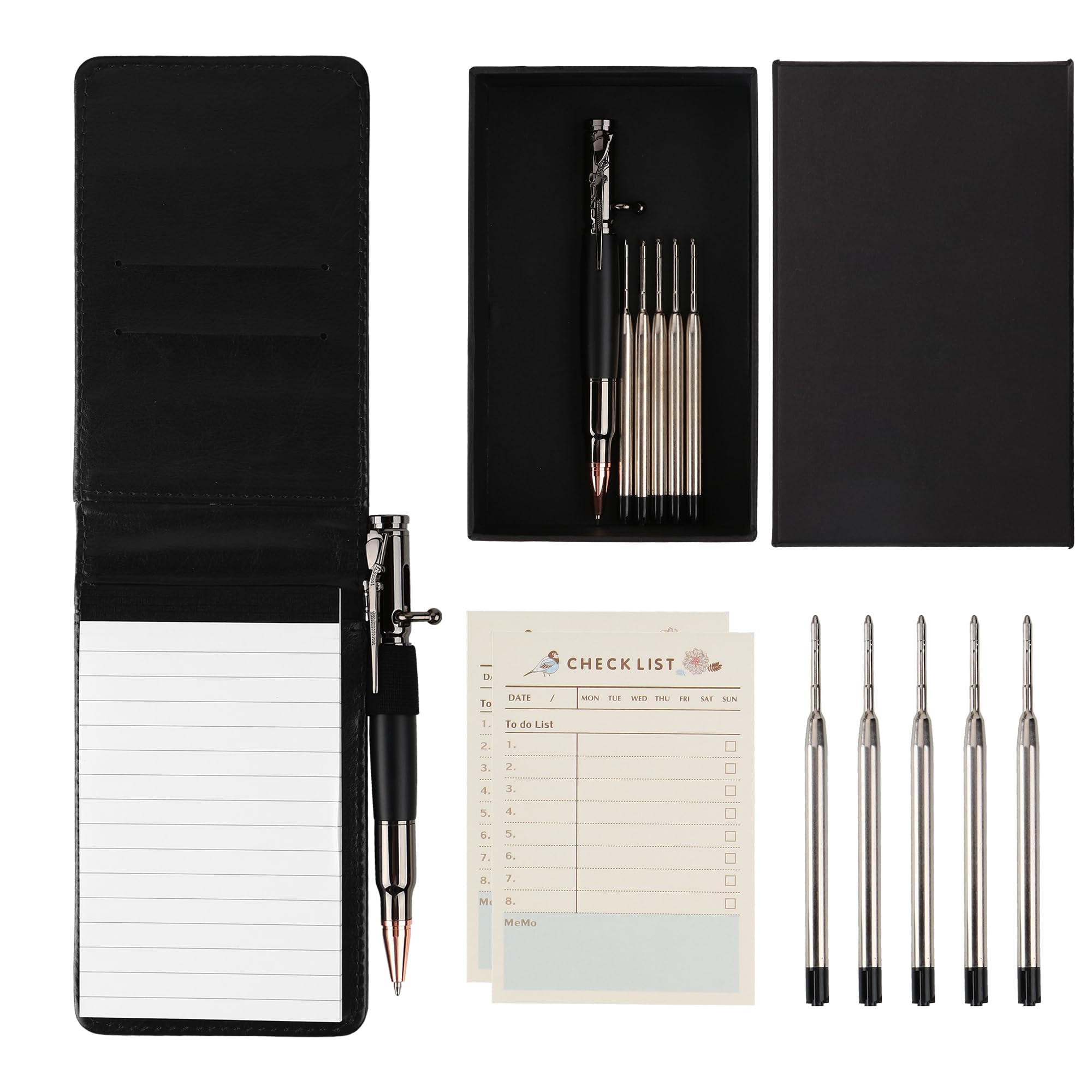 SMOOTHERPROMini Notepad Holder Set Pocket Size 11 Pieces Included Weighted Bolt Action Pen 50 Sheets Memo Book 60 Sheets to Do List 60 Sheets Weekly Schedule Refills Black (MN135BK)