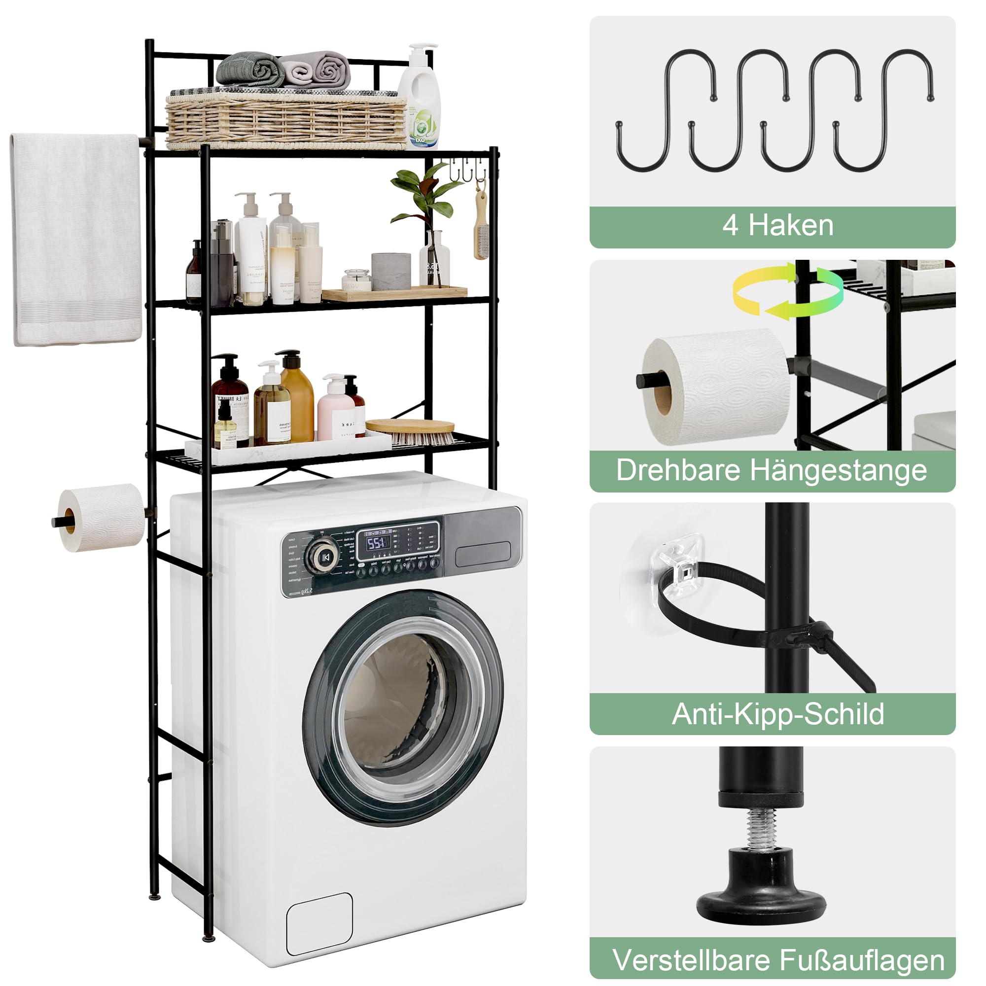 waschmaschinenschrank,Toilettenregal, 3-stufig Waschmaschinenregal, Handtuchhalter，platzsparend für das Badezimmer, über der Toilette, Metall，einfach zu montieren，65x167x24cm(Tiefschwarz)